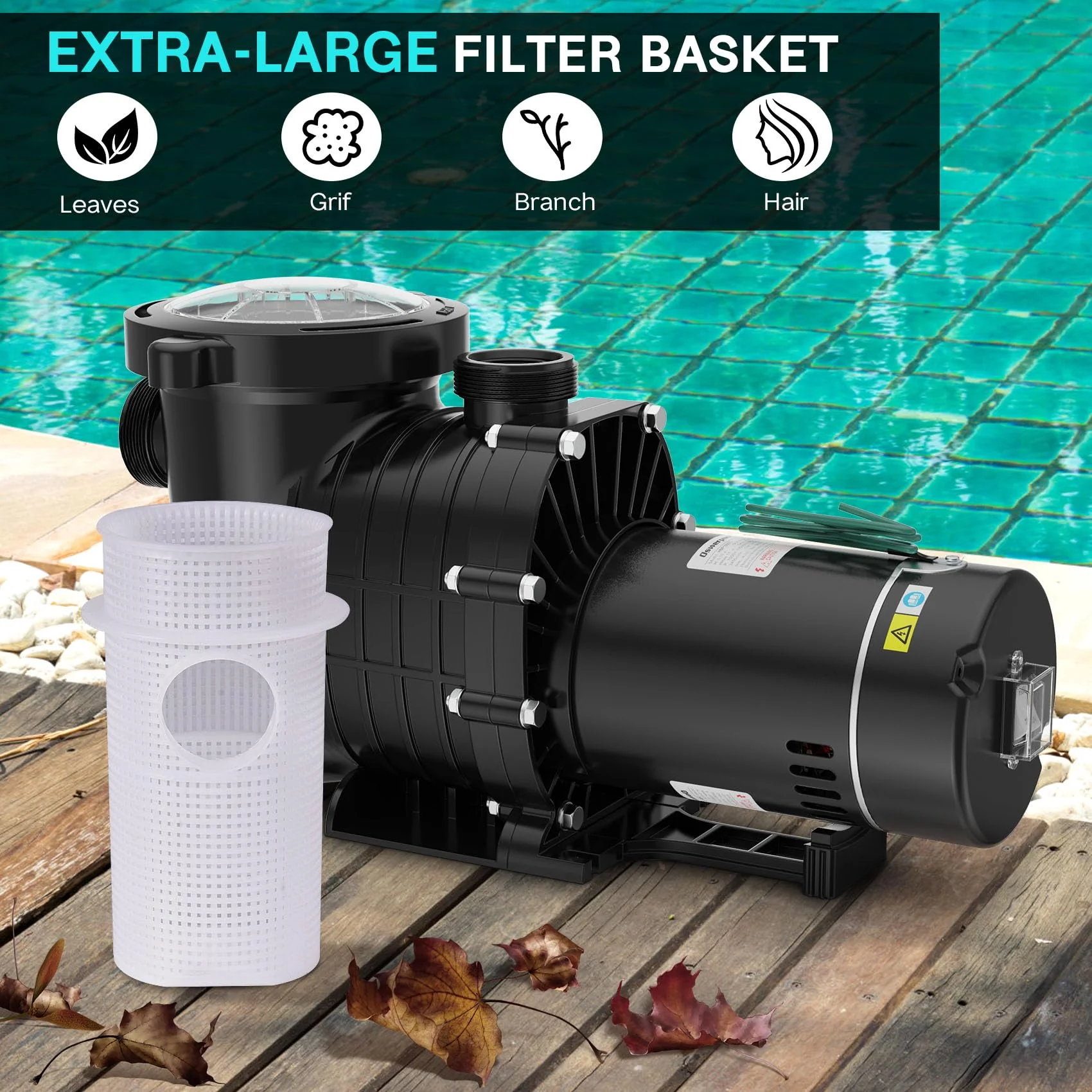 Oswerpon Pool Pump Above Ground/Inground, 1.5 HP 6600GPH Powerful Selfpriming Pool Pumps for 15,000-31,000 Gallons Pools, Dual Voltage Swimming Pool Pump with Strainer Basket & Drain Plug - Image 4