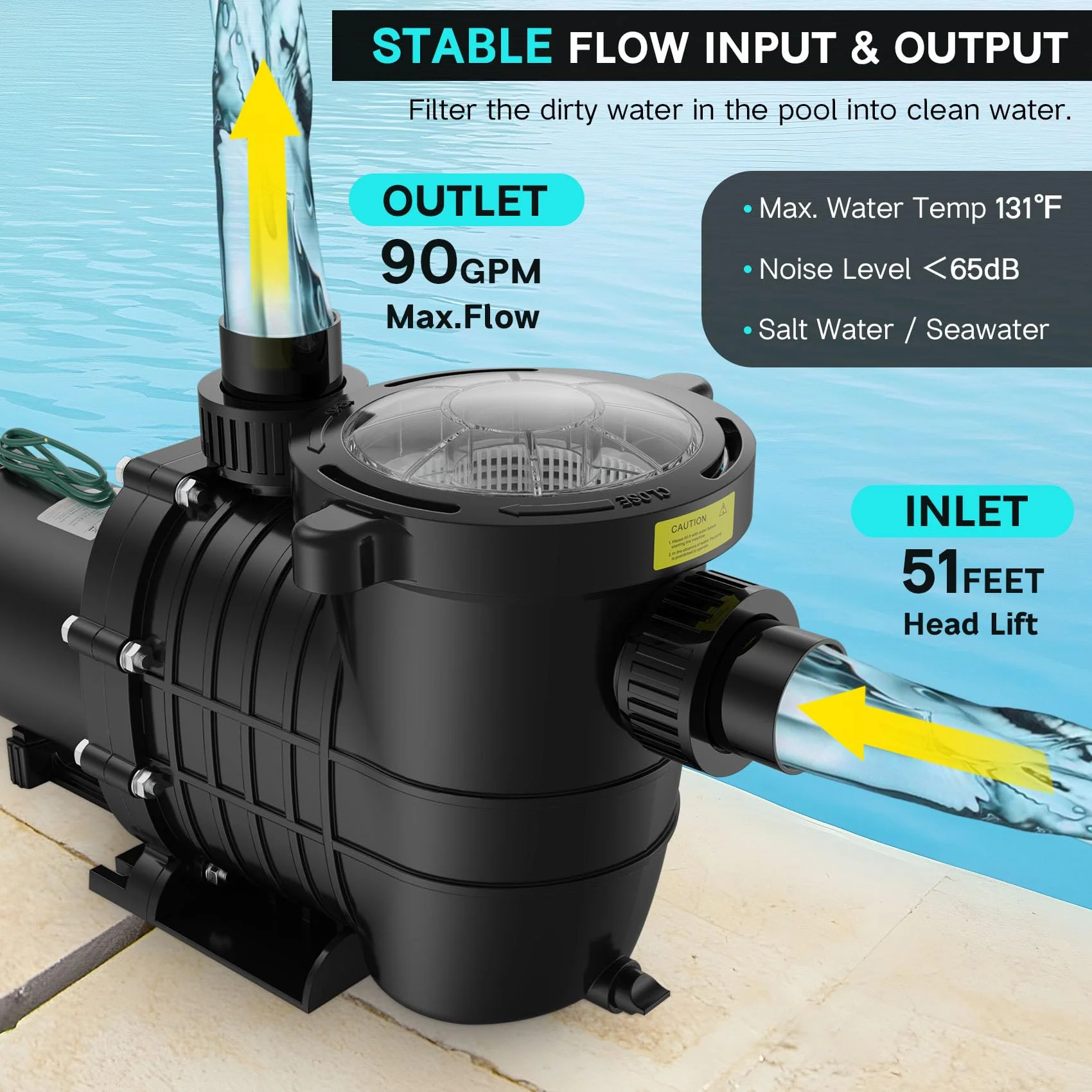 Oswerpon Pool Pump Above Ground/Inground, 1.5 HP 6600GPH Powerful Selfpriming Pool Pumps for 15,000-31,000 Gallons Pools, Dual Voltage Swimming Pool Pump with Strainer Basket & Drain Plug - Image 5