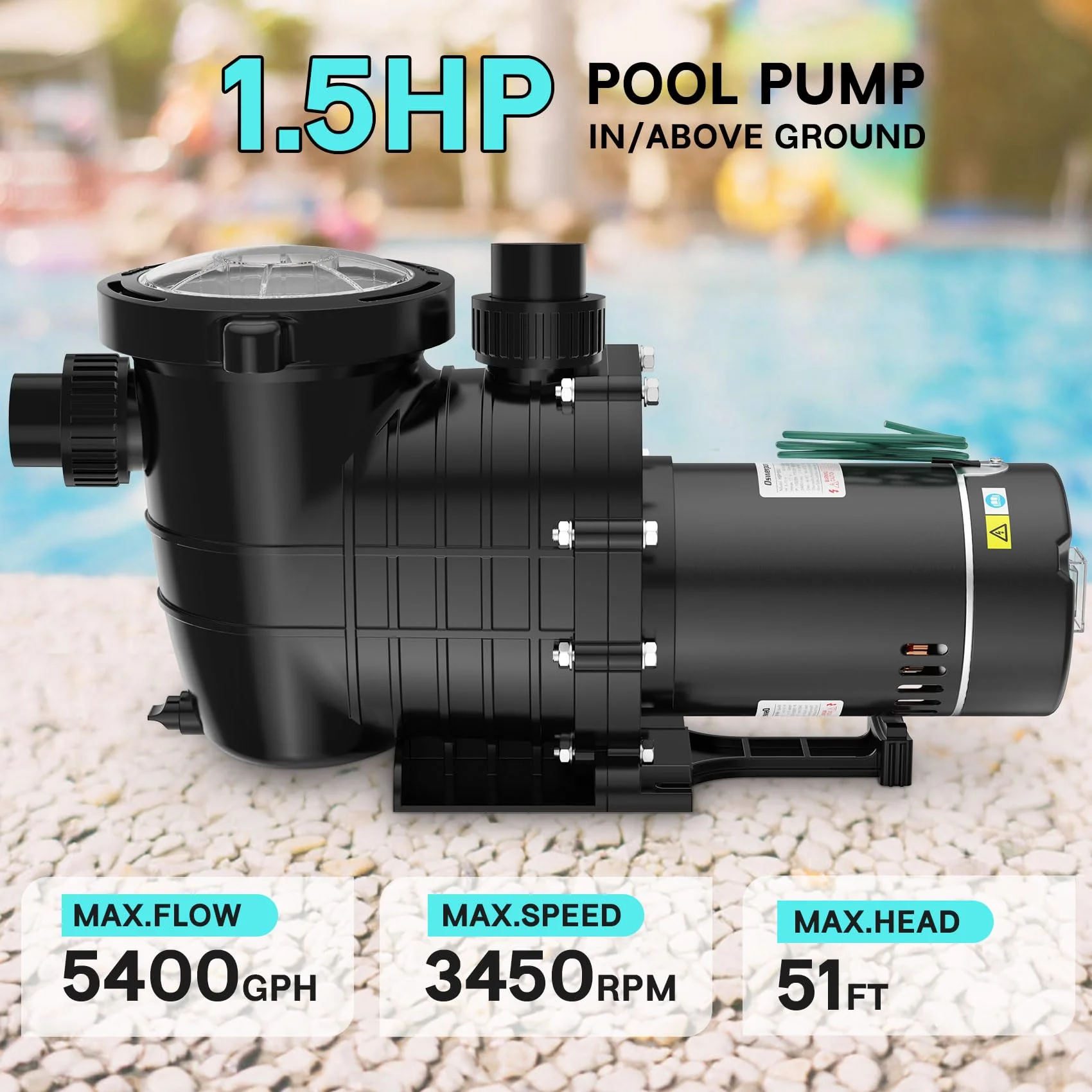 Oswerpon Pool Pump Above Ground/Inground, 1.5 HP 6600GPH Powerful Selfpriming Pool Pumps for 15,000-31,000 Gallons Pools, Dual Voltage Swimming Pool Pump with Strainer Basket & Drain Plug - Image 7
