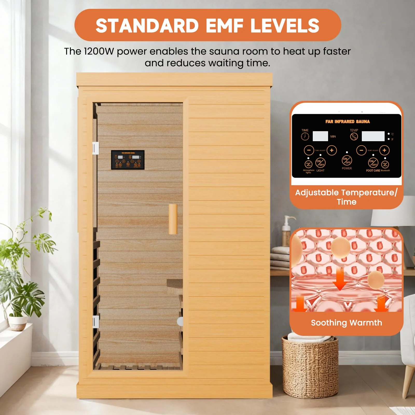 OUTEXER Far Infrared Sauna Home Sauna Spa Room Canadian Hemlock Wood 1200W Indoor Saunas Low EMF 110V with 7 Color Light and Tempered Glass Door, Room: 35.2 * 27.6 * 61.6Inch - Image 3