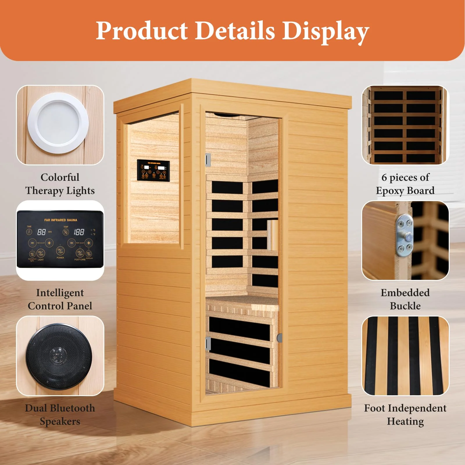 OUTEXER Far Infrared Sauna Home Sauna Spa Room Canadian Hemlock Wood 1200W Indoor Saunas Low EMF 110V with 7 Color Light and Tempered Glass Door, Room: 35.2 * 27.6 * 61.6Inch - Image 4