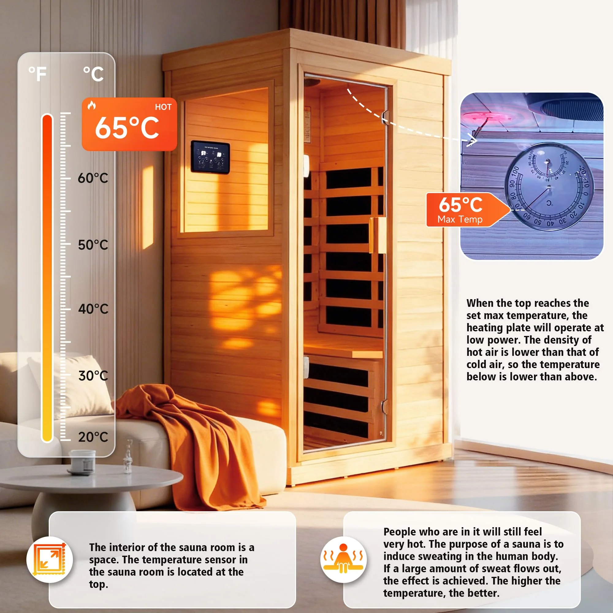 OUTEXER Far Infrared Sauna Home Sauna Spa Room Canadian Hemlock Wood 1200W Indoor Saunas Low EMF 110V with 7 Color Light and Tempered Glass Door, Room: 35.2 * 27.6 * 61.6Inch - Image 5