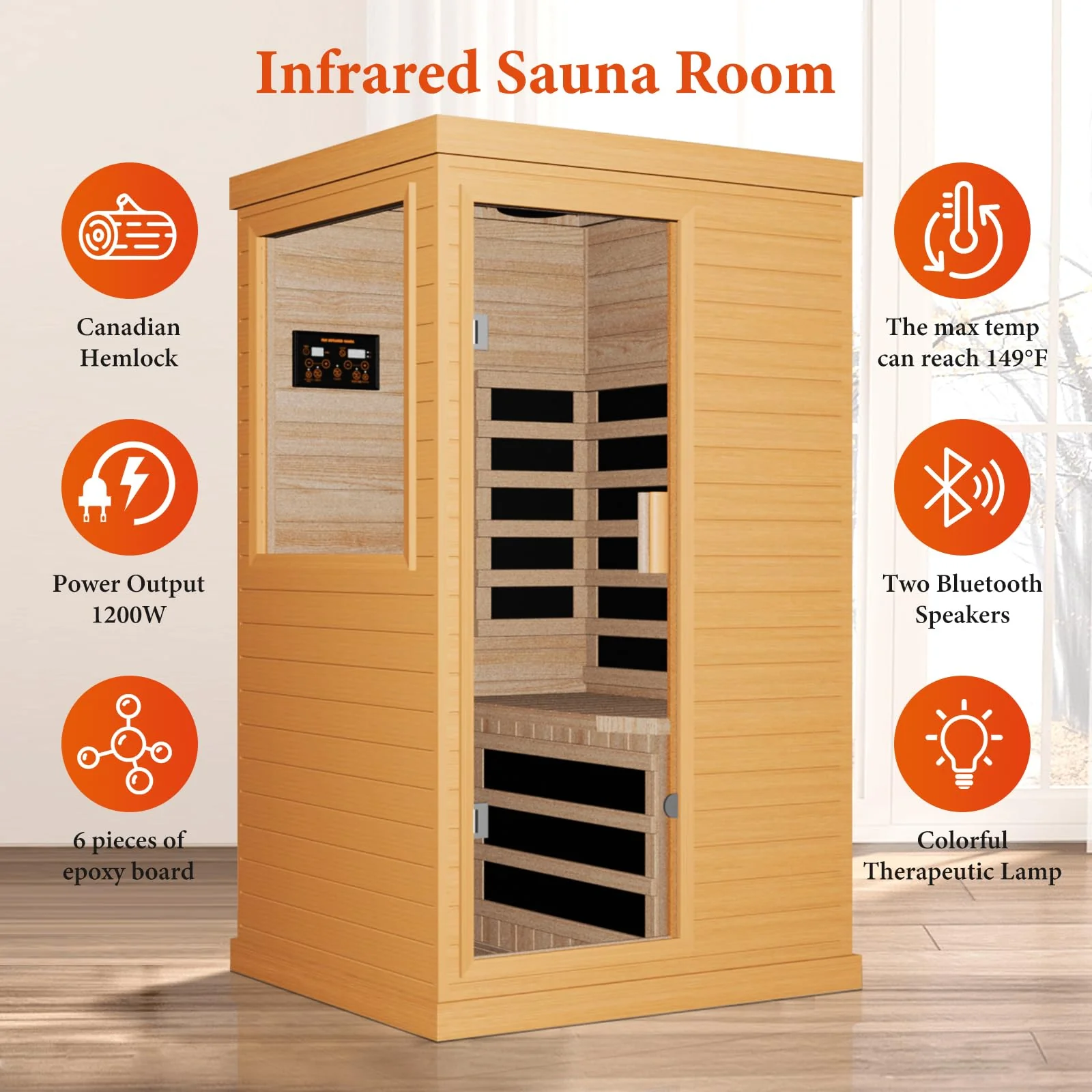 OUTEXER Far Infrared Sauna Home Sauna Spa Room Canadian Hemlock Wood 1200W Indoor Saunas Low EMF 110V with 7 Color Light and Tempered Glass Door, Room: 35.2 * 27.6 * 61.6Inch - Image 7