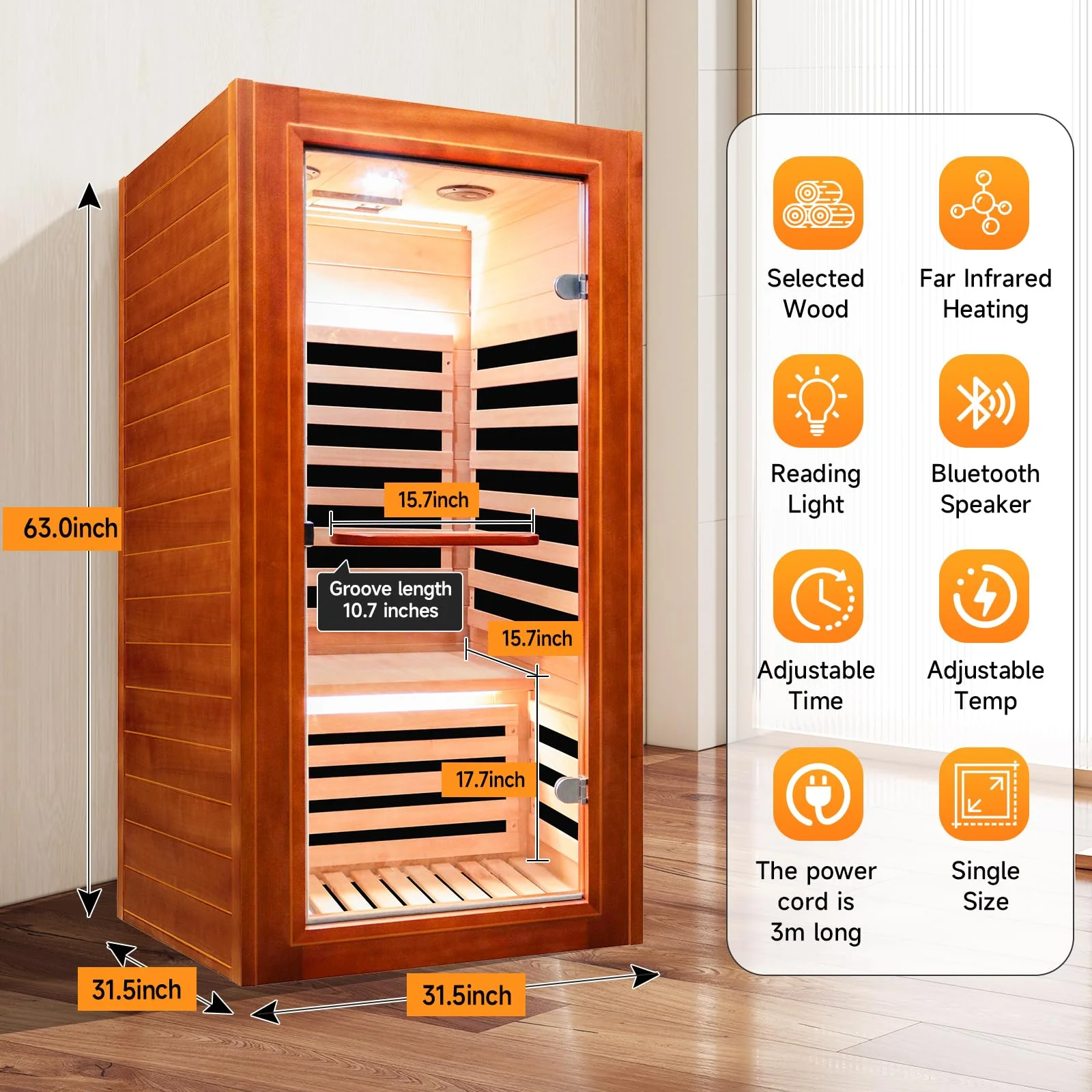 OUTEXER Far Infrared Sauna Home Sauna Spa Room Low-EMF 1020W Indoor Wood Saunas for Home with 7 Color Light 31.5"x31.5"x63" - Image 6