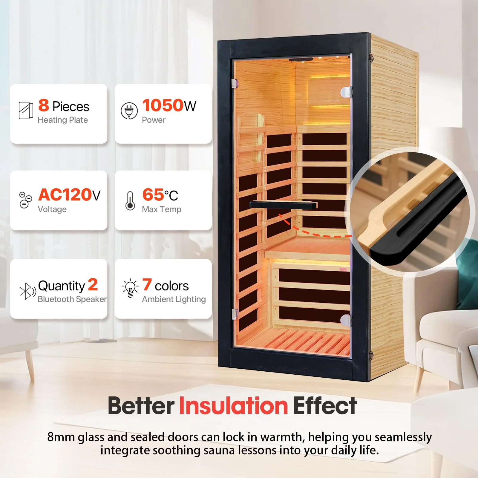 OUTEXER Sauna One Person Infrared Saunas Room Chilean Pine Wood 1050W Dry Saunas Spa with 7 Color Starry Sky Light Oxygen Bar Cup Holder 30.7x30.7x62.2inch - Image 6
