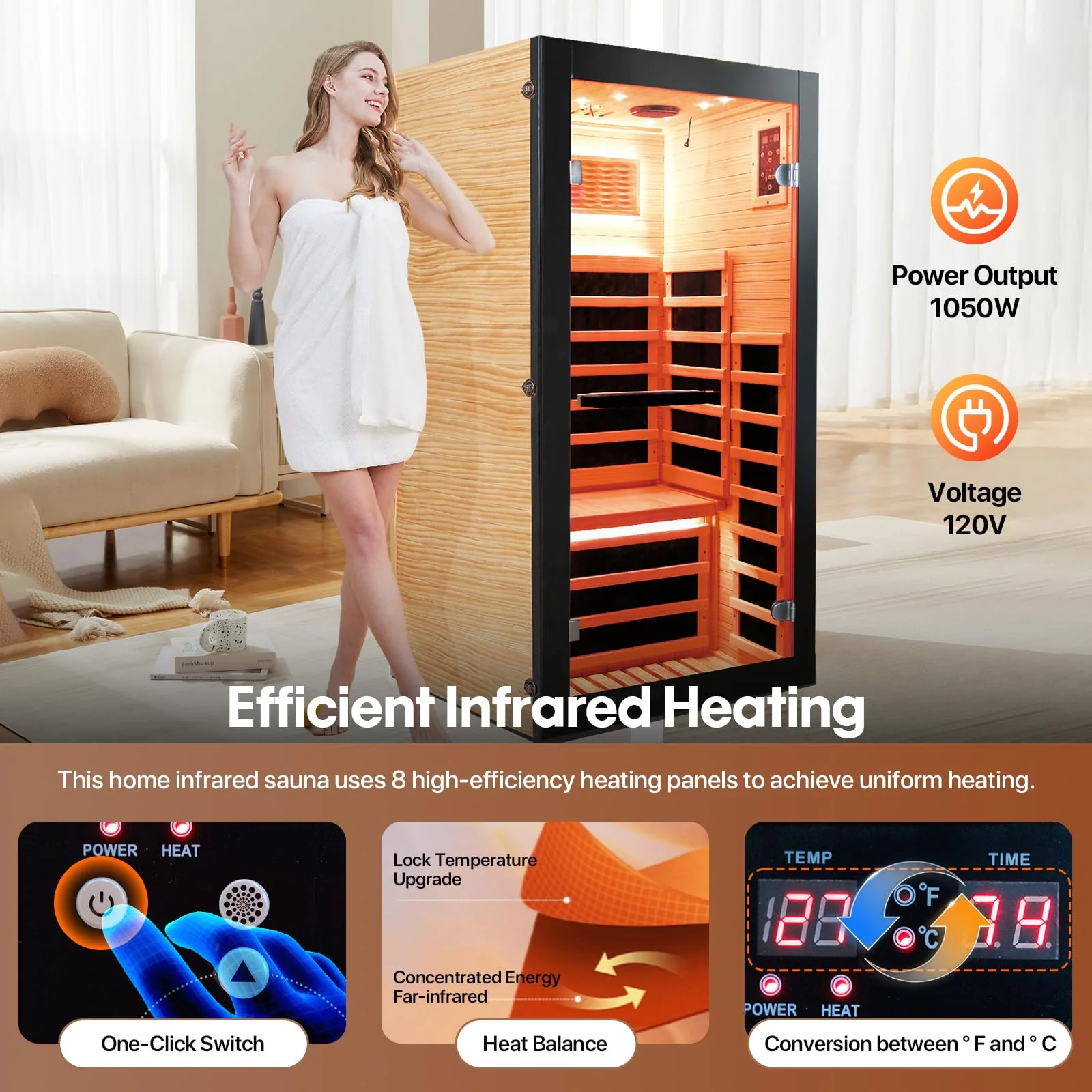 OUTEXER Sauna One Person Infrared Saunas Room Chilean Pine Wood 1050W Dry Saunas Spa with 7 Color Starry Sky Light Oxygen Bar Cup Holder 30.7x30.7x62.2inch - Image 7