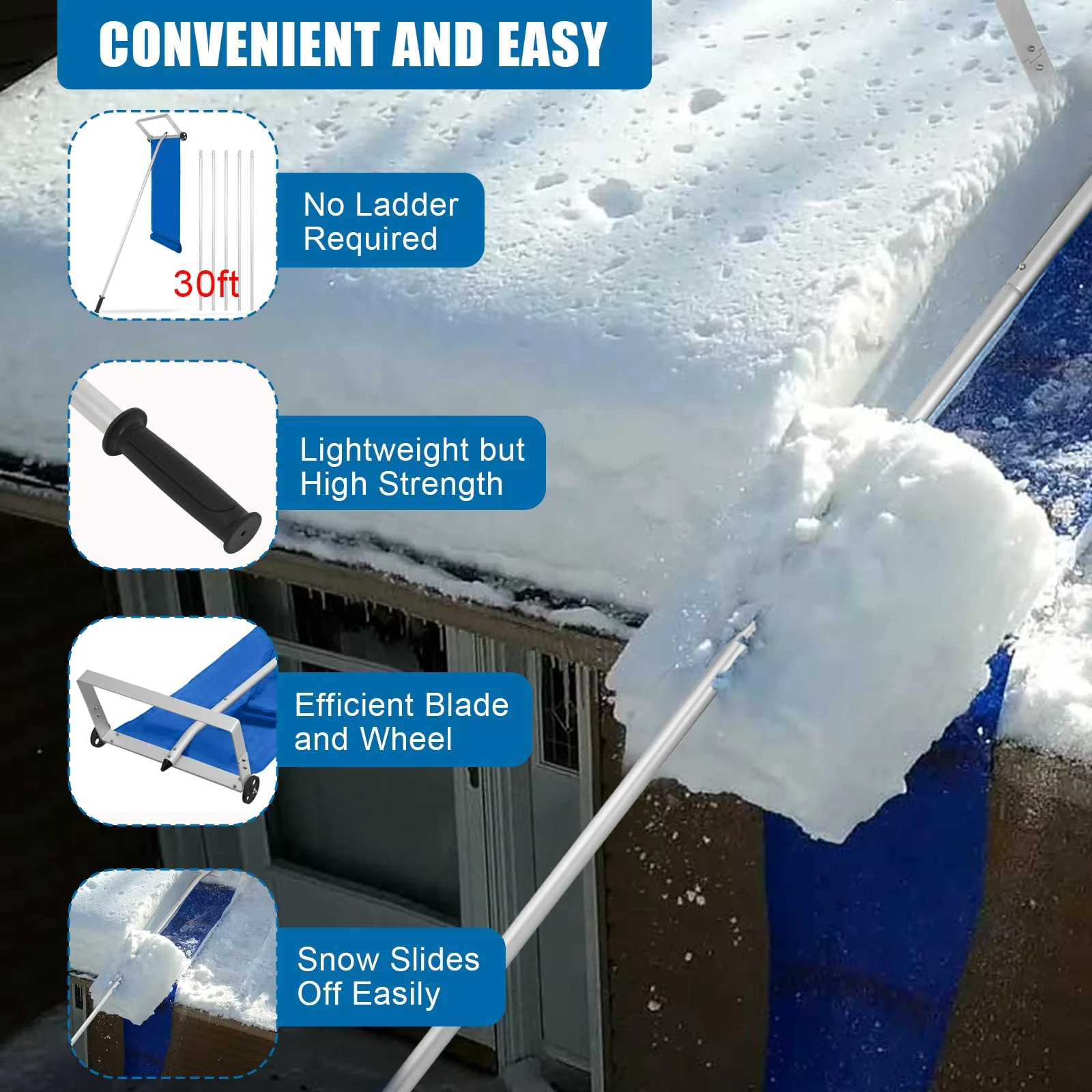 OUTPRIZE Snow Roof Rake, 6-30FT Aluminum Detachable Snow Rake for House Roof with Wheels and Oxford Slide - Image 4