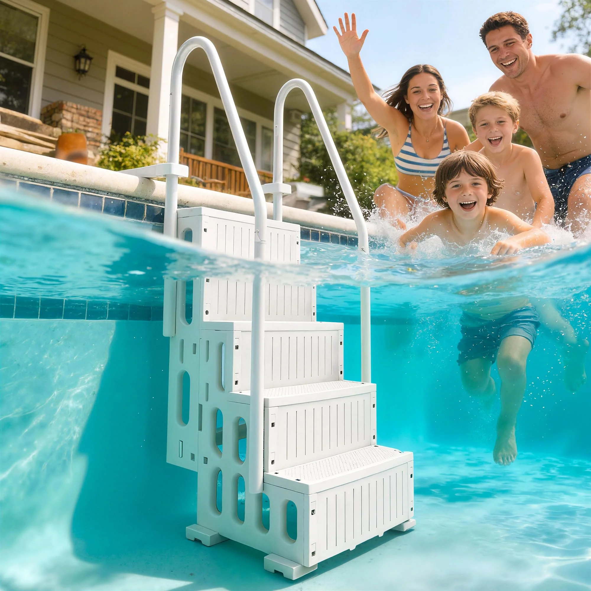 Outsunny 4-Step Swimming Pool Ladder, HDPE with Dual Handrails and Non-Slip Steps for Above Ground Pools, Entry/Exit Ladder, Fits 46.1" - 57.9" High Walls, 396 lbs. Load Capacity White - Image 2