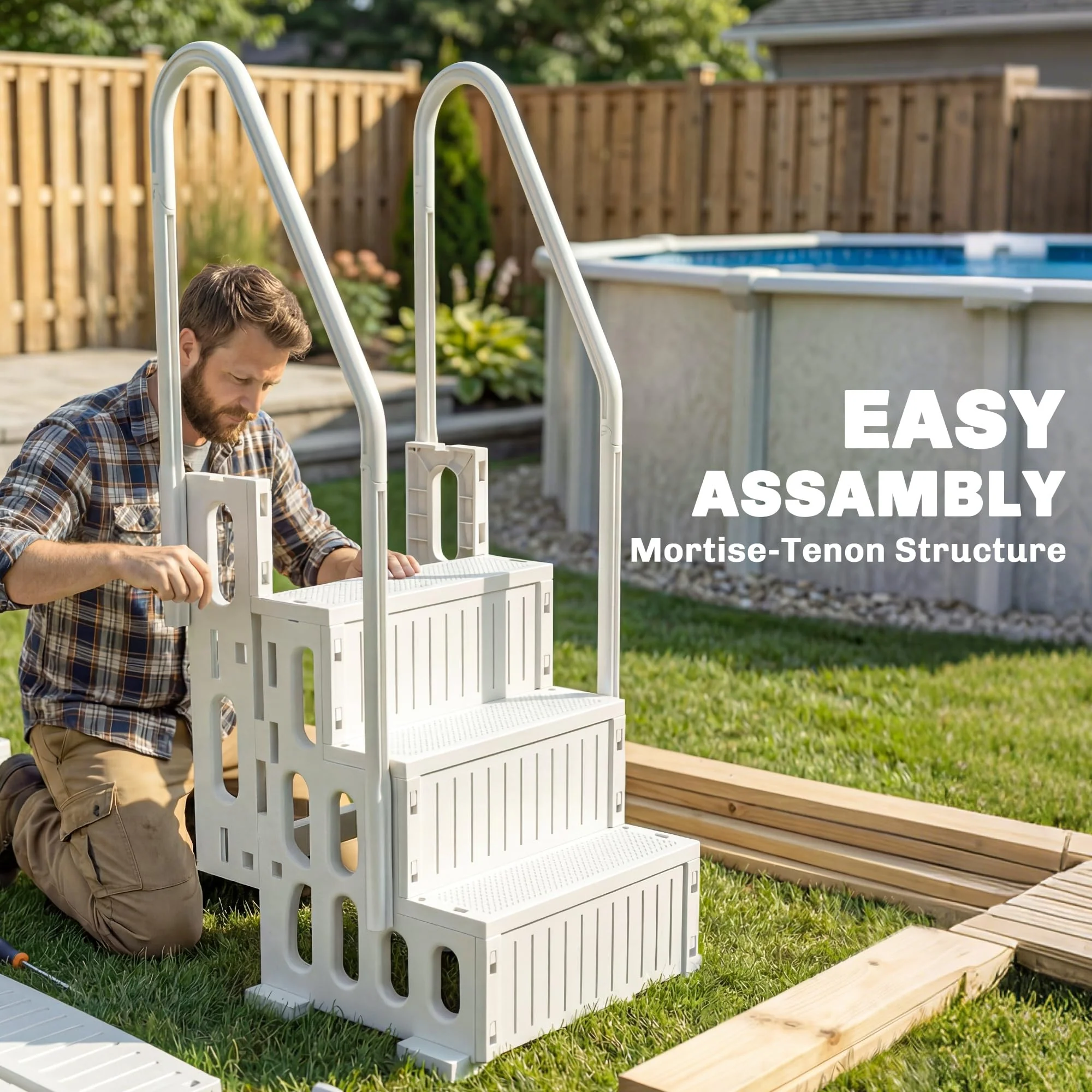 Outsunny 4-Step Swimming Pool Ladder, HDPE with Dual Handrails and Non-Slip Steps for Above Ground Pools, Entry/Exit Ladder, Fits 46.1" - 57.9" High Walls, 396 lbs. Load Capacity White - Image 3