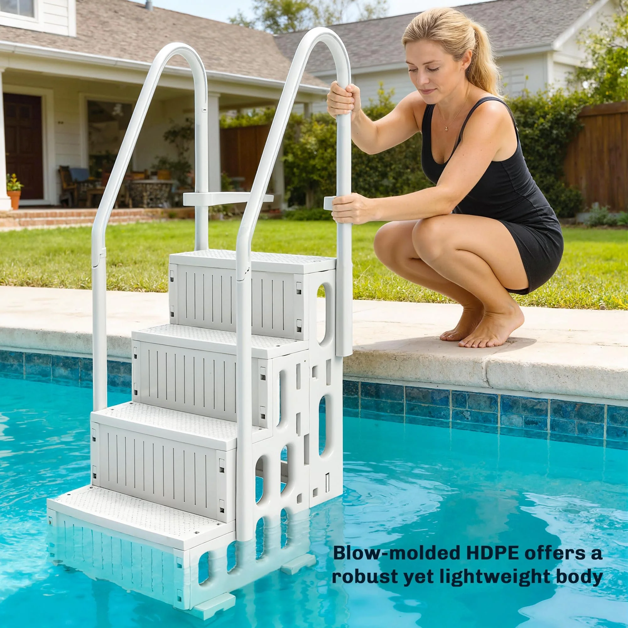 Outsunny 4-Step Swimming Pool Ladder, HDPE with Dual Handrails and Non-Slip Steps for Above Ground Pools, Entry/Exit Ladder, Fits 46.1" - 57.9" High Walls, 396 lbs. Load Capacity White - Image 5