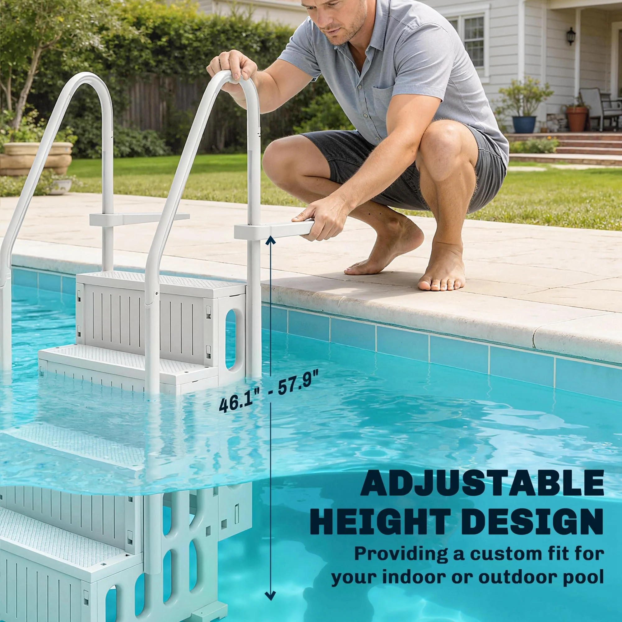 Outsunny 4-Step Swimming Pool Ladder, HDPE with Dual Handrails and Non-Slip Steps for Above Ground Pools, Entry/Exit Ladder, Fits 46.1" - 57.9" High Walls, 396 lbs. Load Capacity White - Image 8