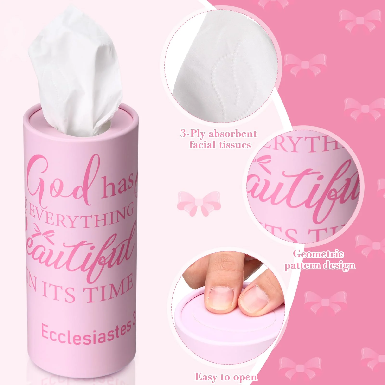 Outus 12 Pcs Christian Car Tissues Cylinder Holder with 3 Ply Facial Tissue Bulk Pink Bow Religious Round Tissue Holder Inspirational Scripture Travel Tissues Boxes Container for Car Cup Home Office - Image 6