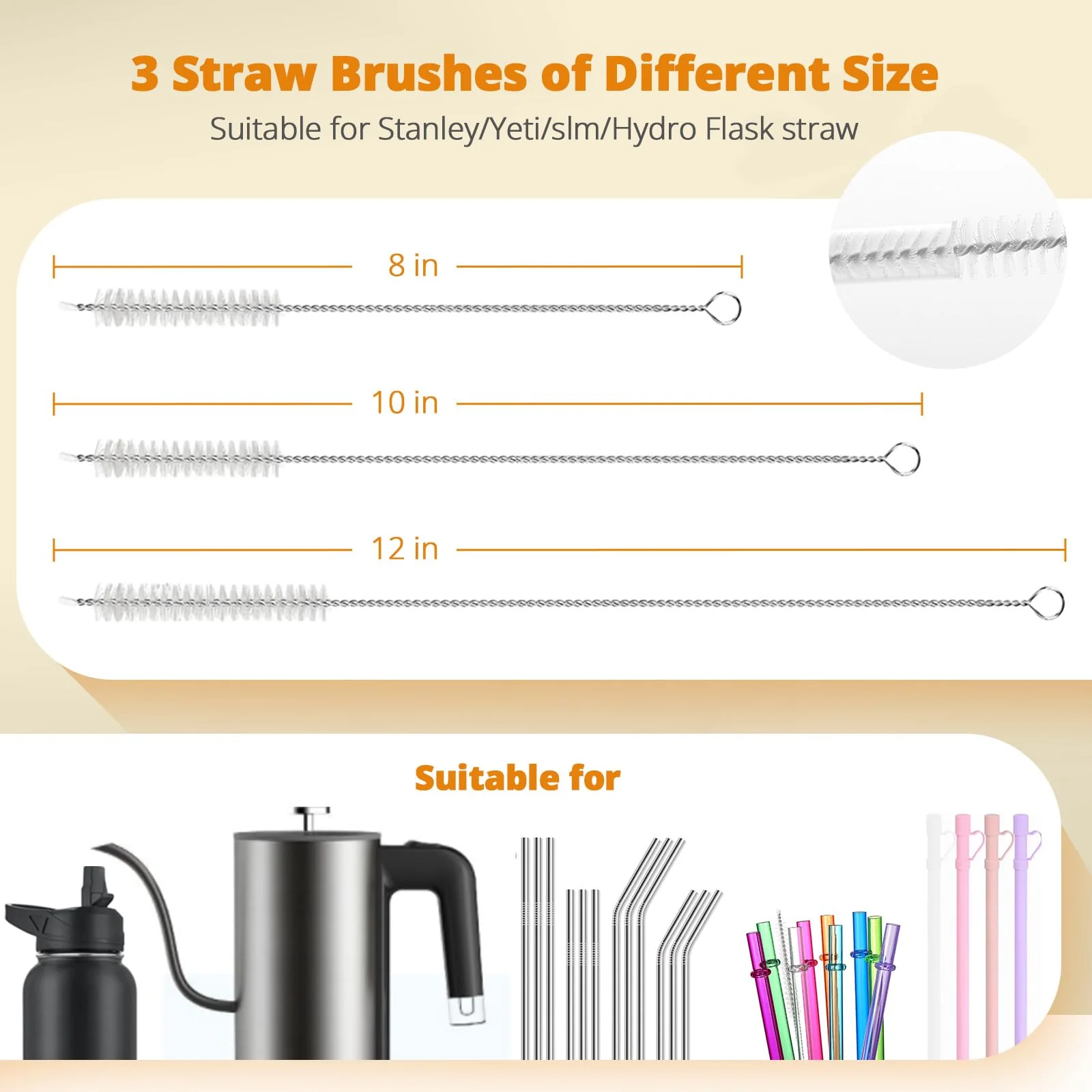 OUTXE 5 Pack Bottle Brush Set, 5-in-1 Multifunctional Water Bottle Cleaning Brush 2 Pack, with Nipple Brush, Detail Brush for Cup Lid Gap, 12" 10" 8" Straw Brush for Stanley Yeti - Image 5