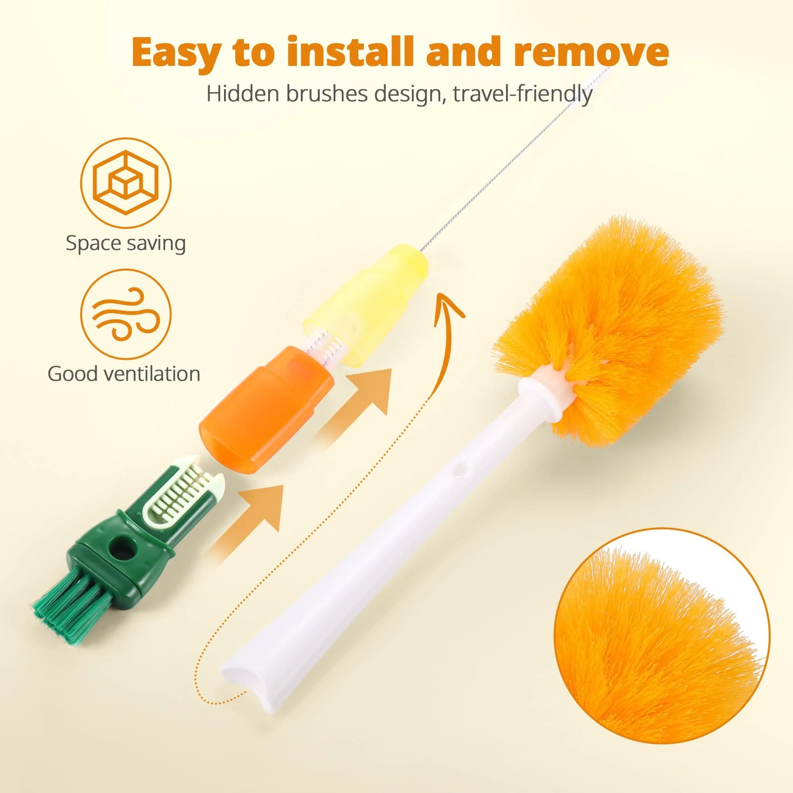OUTXE 5 Pack Bottle Brush Set, 5-in-1 Multifunctional Water Bottle Cleaning Brush 2 Pack, with Nipple Brush, Detail Brush for Cup Lid Gap, 12" 10" 8" Straw Brush for Stanley Yeti - Image 6
