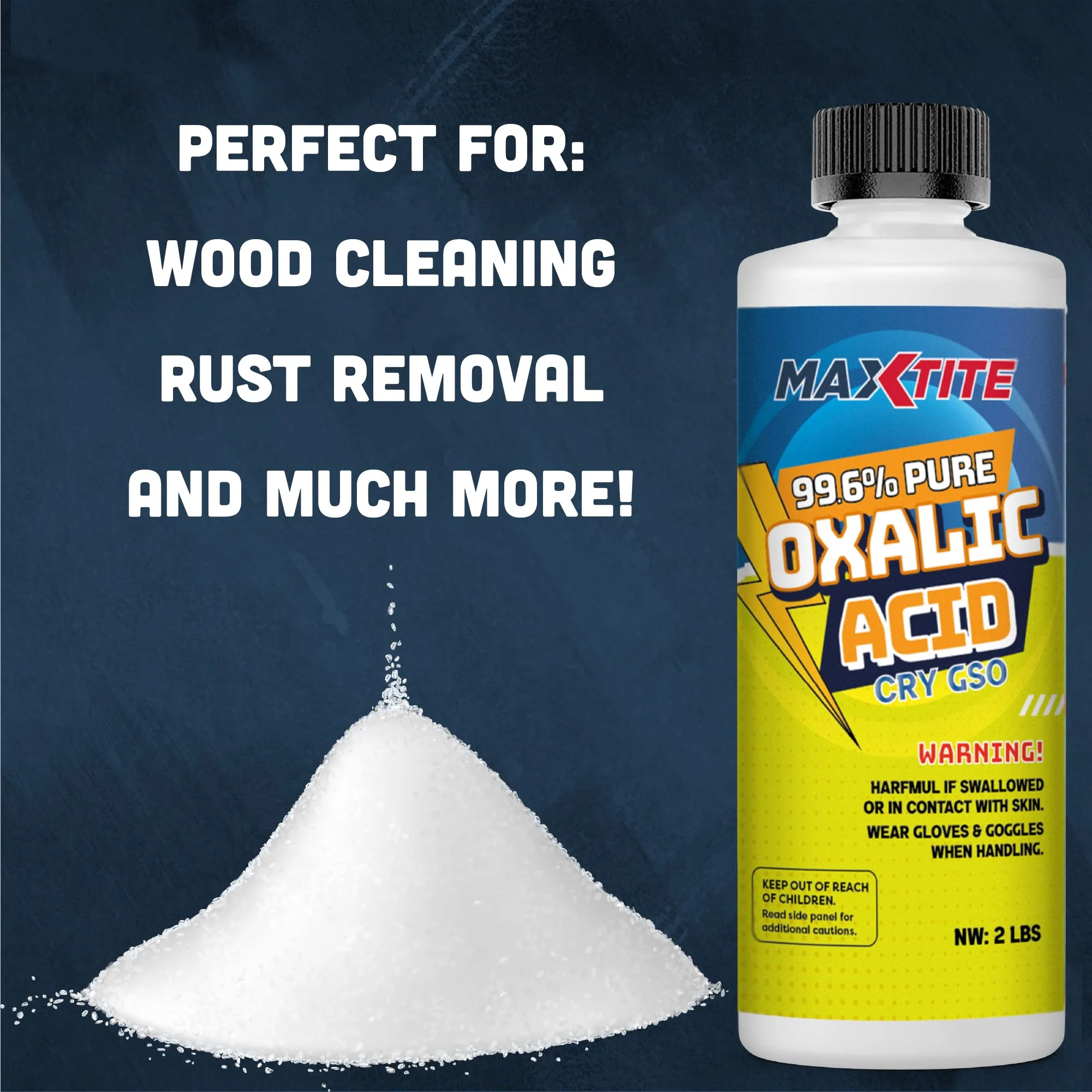 Oxalic Acid (8 lbs) 99.6% Pure - Metal & Wood Cleaning and Bleaching, Rust Removal (C2H2O4) - HDPE Container w/Resealable Child Resistant Cap - Image 4
