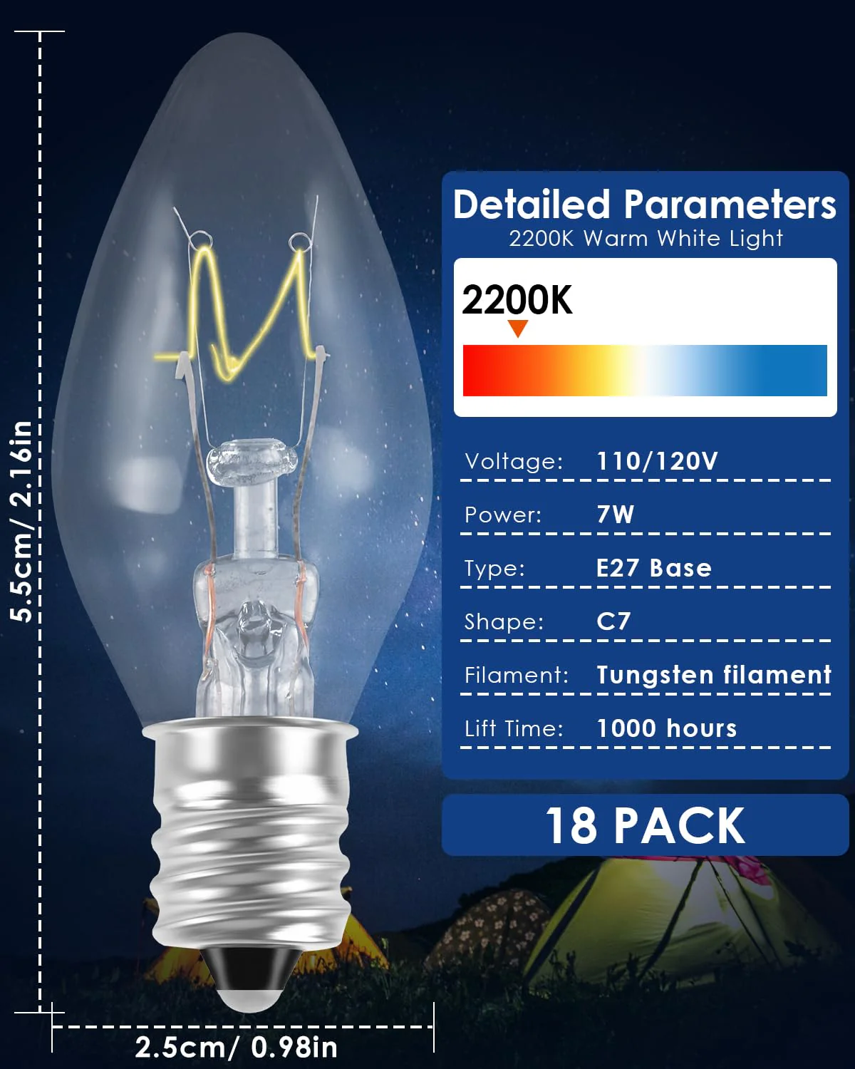 PACETAP 18Pack 7W C7 Night Light Replacement Bulbs with E12 Candelabra Base for Salt Lamps, Window Candles and Chandeliers, C7 Nightlight Bulb for Outdoor String Lights Warm White 2200k - Image 7