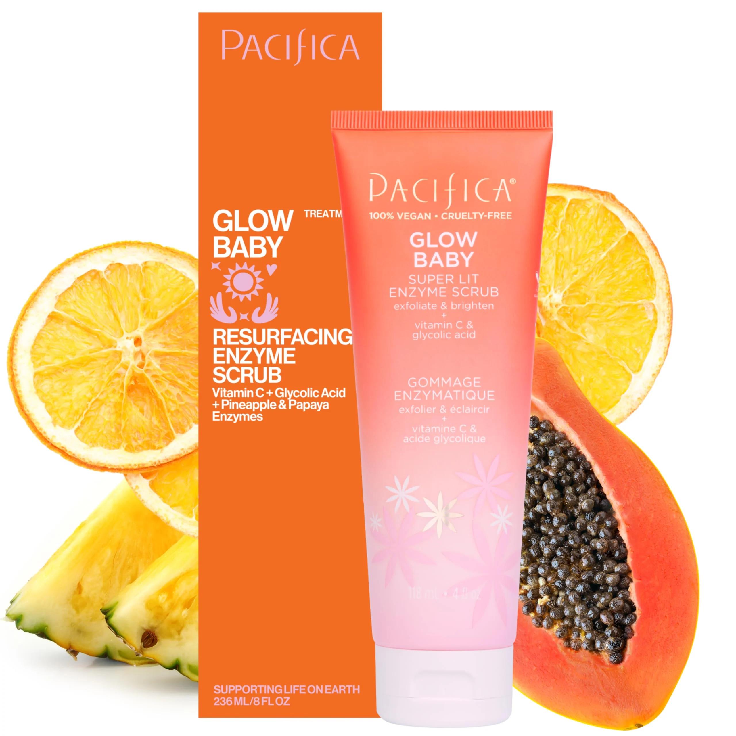 Pacifica Glow Baby Exfoliating Face Scrub, Brightening Enzyme Facial Cleanser w/ Vitamin C & Glycolic Acid for Radiant Smooth Skin, Unclogs Pores & Removes Dead Skin, Microbead-Free Vegan (4 fl oz)