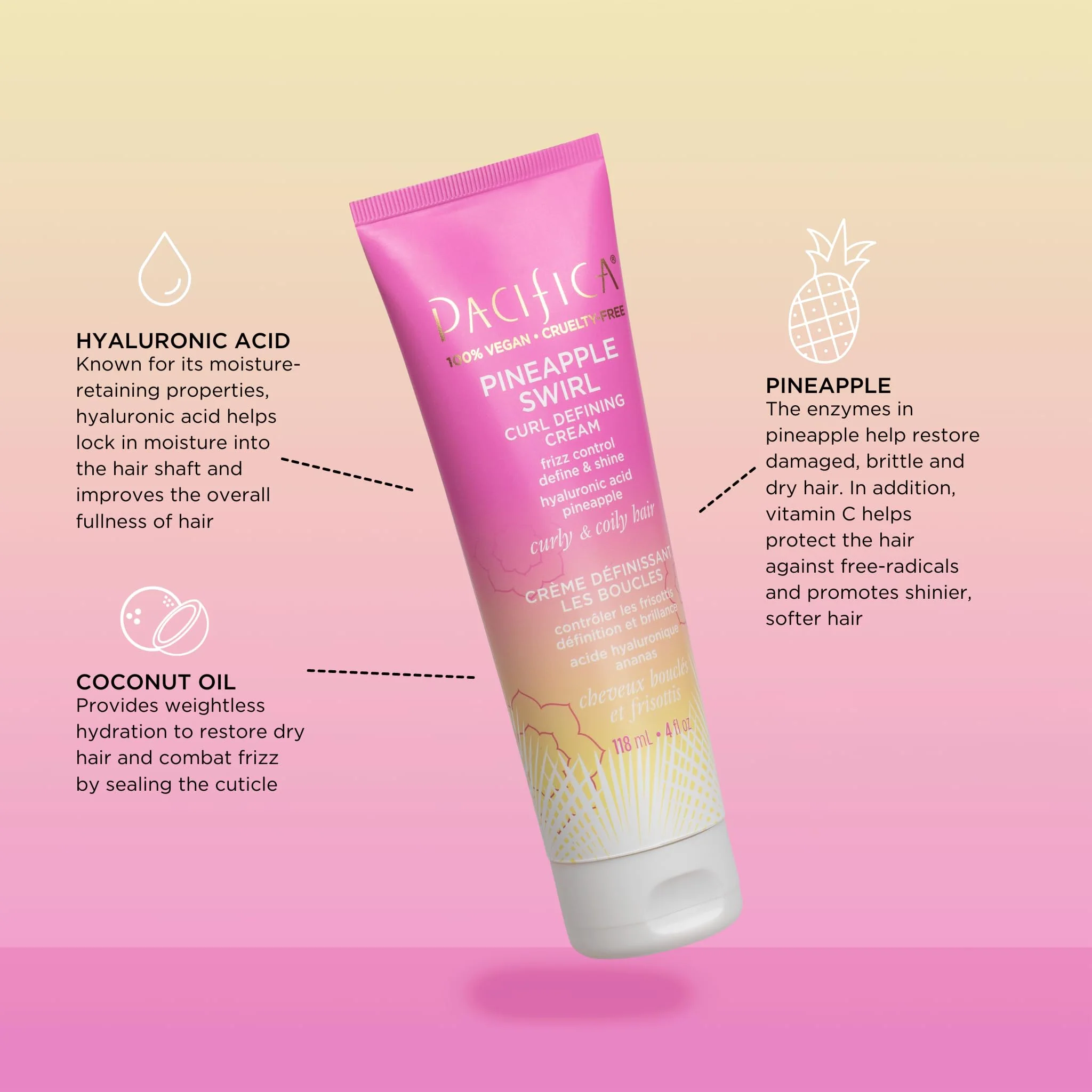 Pacifica Pineapple Swirl Curl Defining Cream – Bounce, Frizz Control & Curl Enhancer Styling Cream for Curly Hair & Wavy Hair – Coconut Oil & Hyaluronic Acid For No-Crunch Hold – Cruelty-Free – 4-oz - Image 9