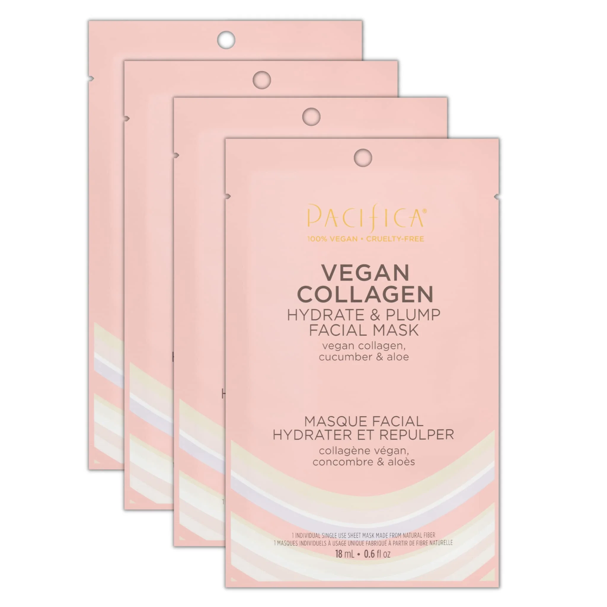 Pacifica Vegan Collagen Hydrate & Plump Face Mask 4-Pack – Hydrating & Plumping Peptide-Infused Sheet Mask for Dewy Skin, with Vegan Collagen, Cucumber & Aloe, Clean Beauty Skincare