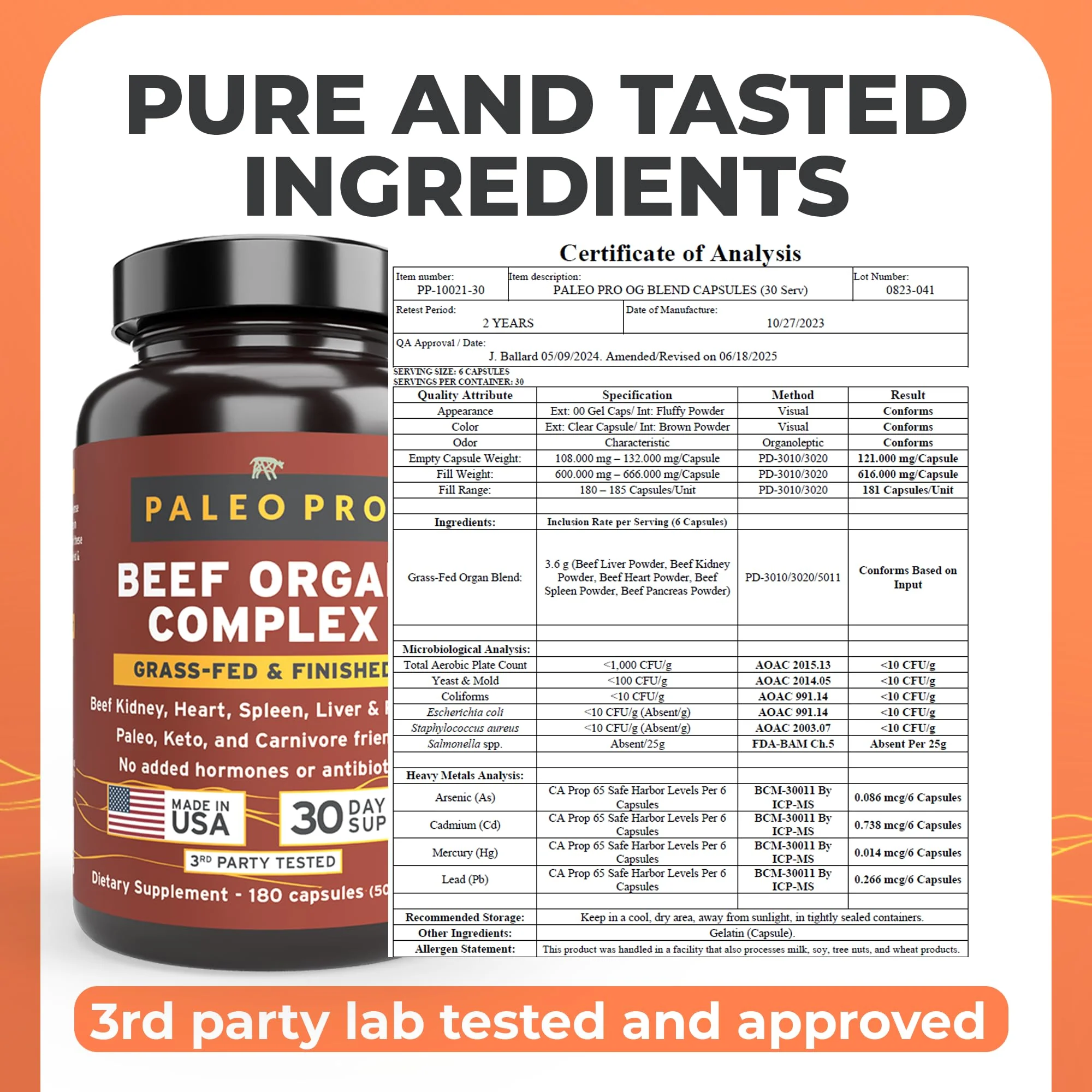 Paleo Pro O.G. Blend Premium Beef Organs Capsules, Kidney, Heart, Liver, Spleen and Pancreas from Grass Fed & Pastured Cows, Dietary Supplement, No GMO, 180 Capsules (Beef Organ Complex) - Image 4