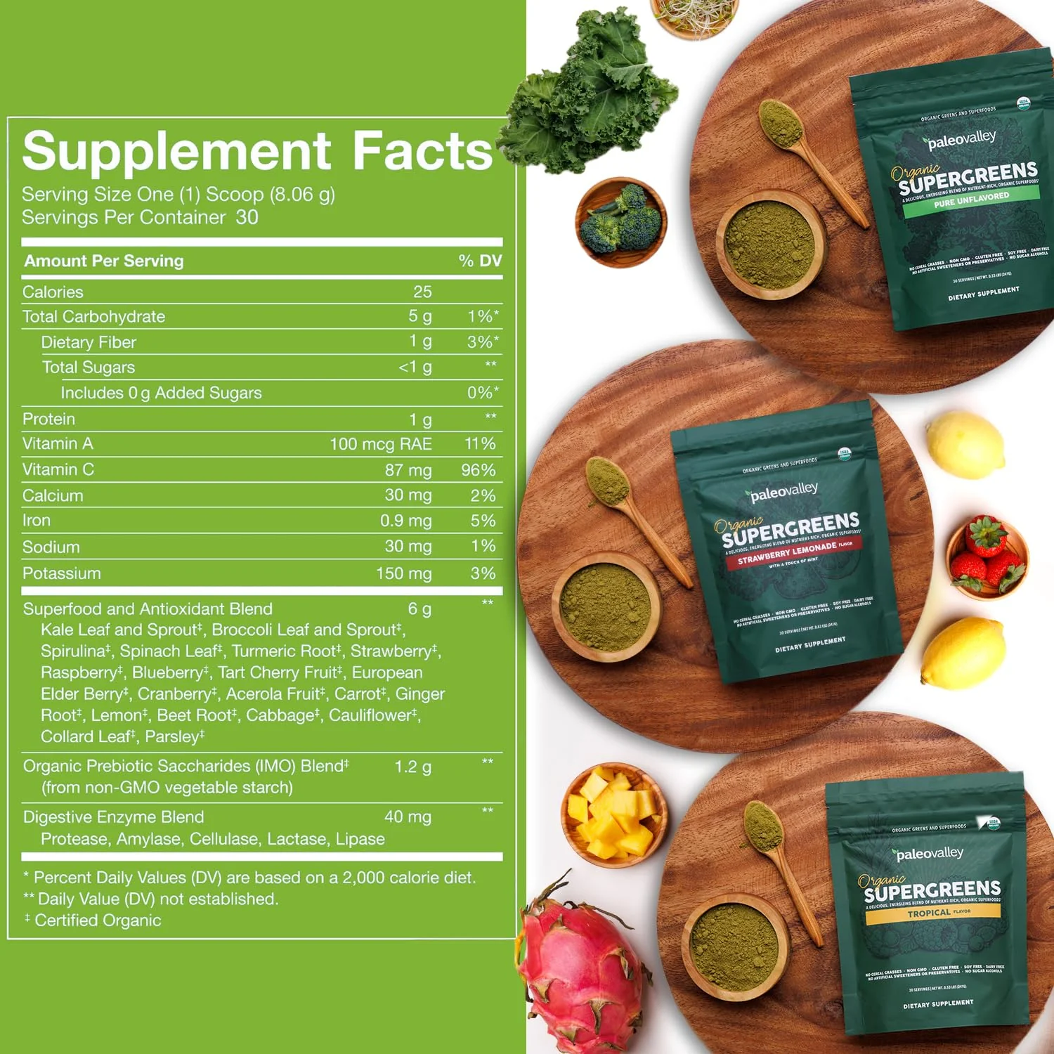 Paleovalley Organic Supergreens Powder - 23 Superfoods with Prebiotic Fiber for Energy and Immunity Support - No Cereal Grasses for Maximum Absorption - Pure Unflavored, 30 Servings