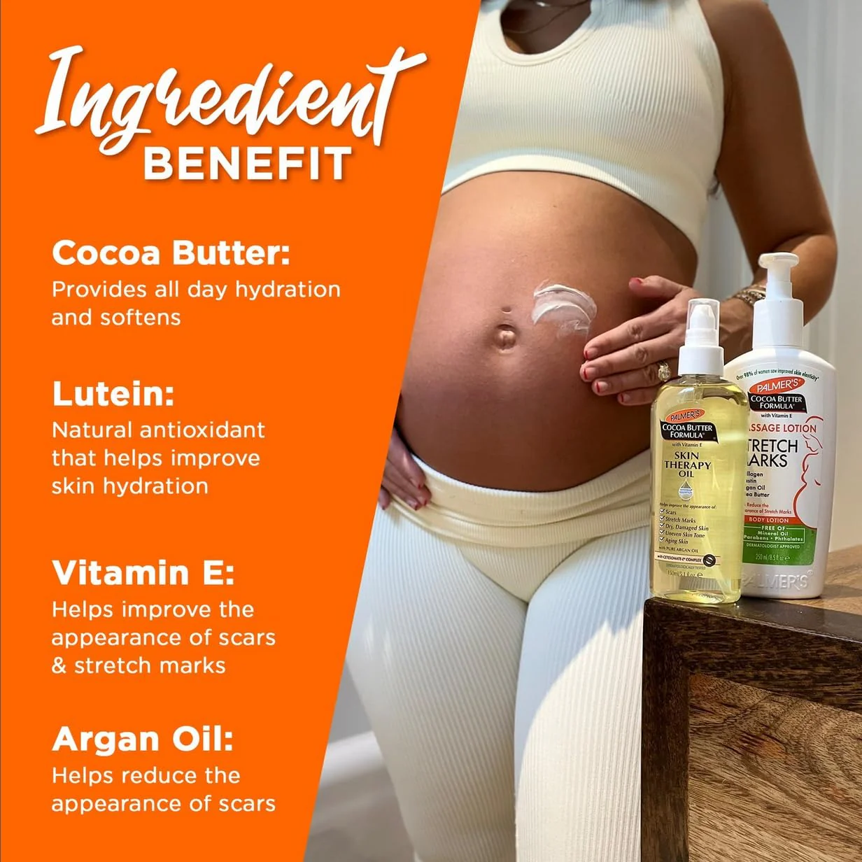 Palmer's Stretch Mark Care Body Lotion + Body Oil Bundle, Cocoa Butter Formula with Vitamin E Skin Care for Pregnant Women, Includes 1 Massage Oil (5.1 fl oz) and 1 Massage Lotion (8.5 fl oz) - Image 7