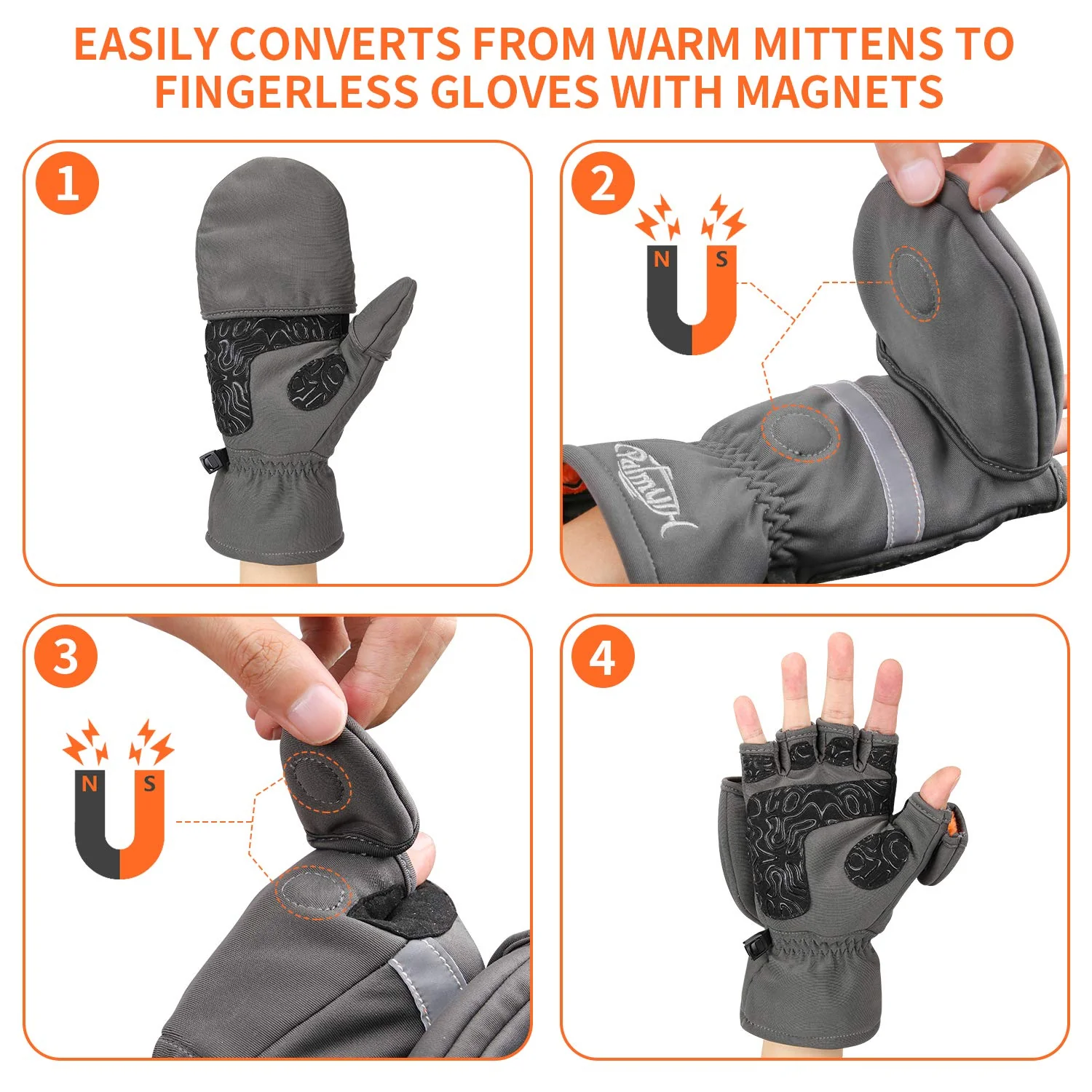 Palmyth Ice Fishing Gloves Convertible Mittens Flip Fingerless Mitt with Thinsulate 3M Warm for Cold Weather and Winter Men Women Photography Running Camera (Gray, X-Large) - Image 3