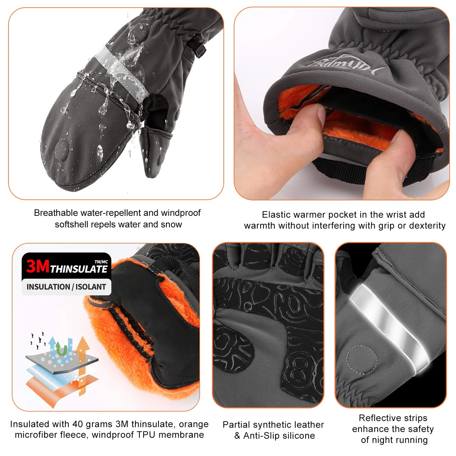 Palmyth Ice Fishing Gloves Convertible Mittens Flip Fingerless Mitt with Thinsulate 3M Warm for Cold Weather and Winter Men Women Photography Running Camera (Gray, X-Large) - Image 4