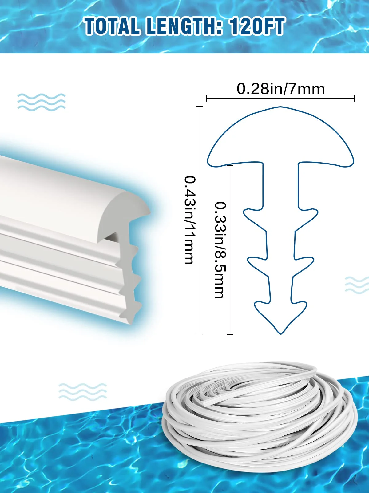 PAMASE 120ft Liner Lock - Inground Swimming Pool Beaded Wedge T-Shape Lock Roll, Flexible PVC Pool Liner Patch Kit for Above-Ground Pool - White - Image 2
