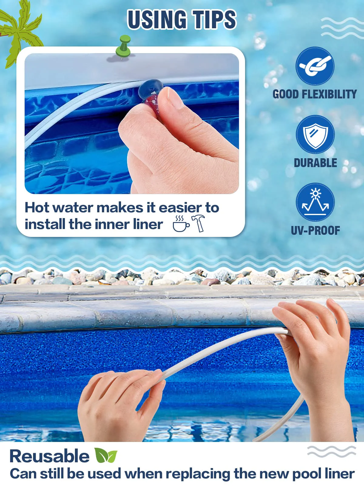 PAMASE 120ft Liner Lock - Inground Swimming Pool Beaded Wedge T-Shape Lock Roll, Flexible PVC Pool Liner Patch Kit for Above-Ground Pool - White - Image 5