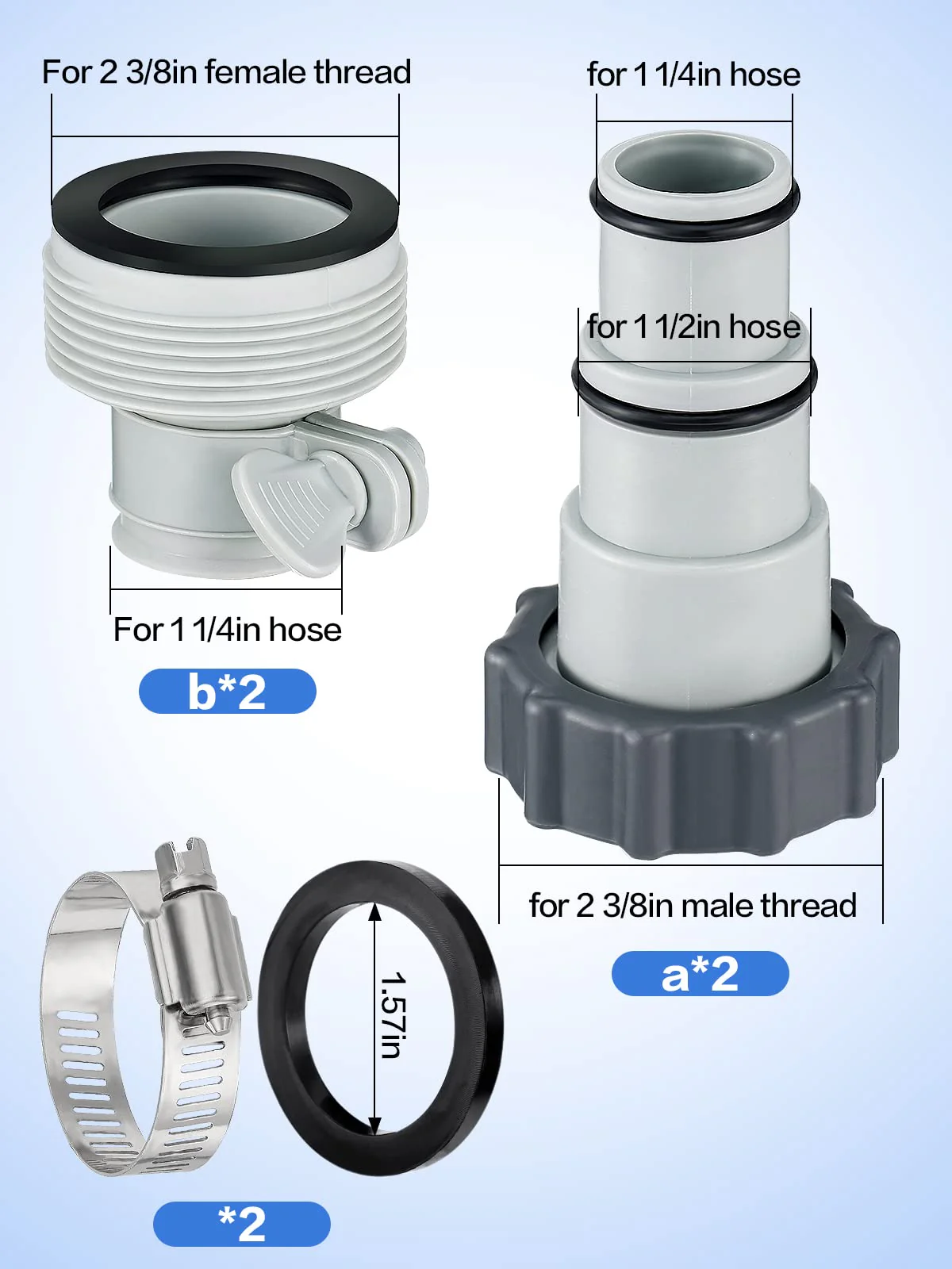 PAMASE Pool Hose Adapter A & B - Conversion Connector for 1.5"&1.25" Hoses with Clamps Gaskets, Replacement Parts fits Intex Filter Pumps, Saltwater System, Above Ground Swimming Pool (4Pack) - Image 2