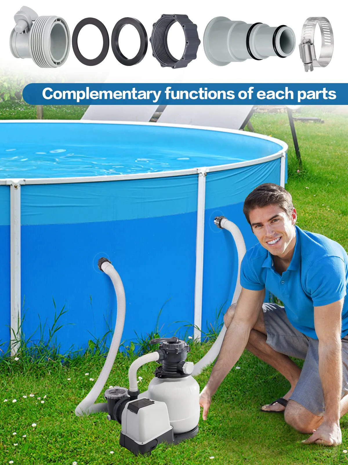PAMASE Pool Hose Adapter A & B - Conversion Connector for 1.5"&1.25" Hoses with Clamps Gaskets, Replacement Parts fits Intex Filter Pumps, Saltwater System, Above Ground Swimming Pool (4Pack) - Image 7