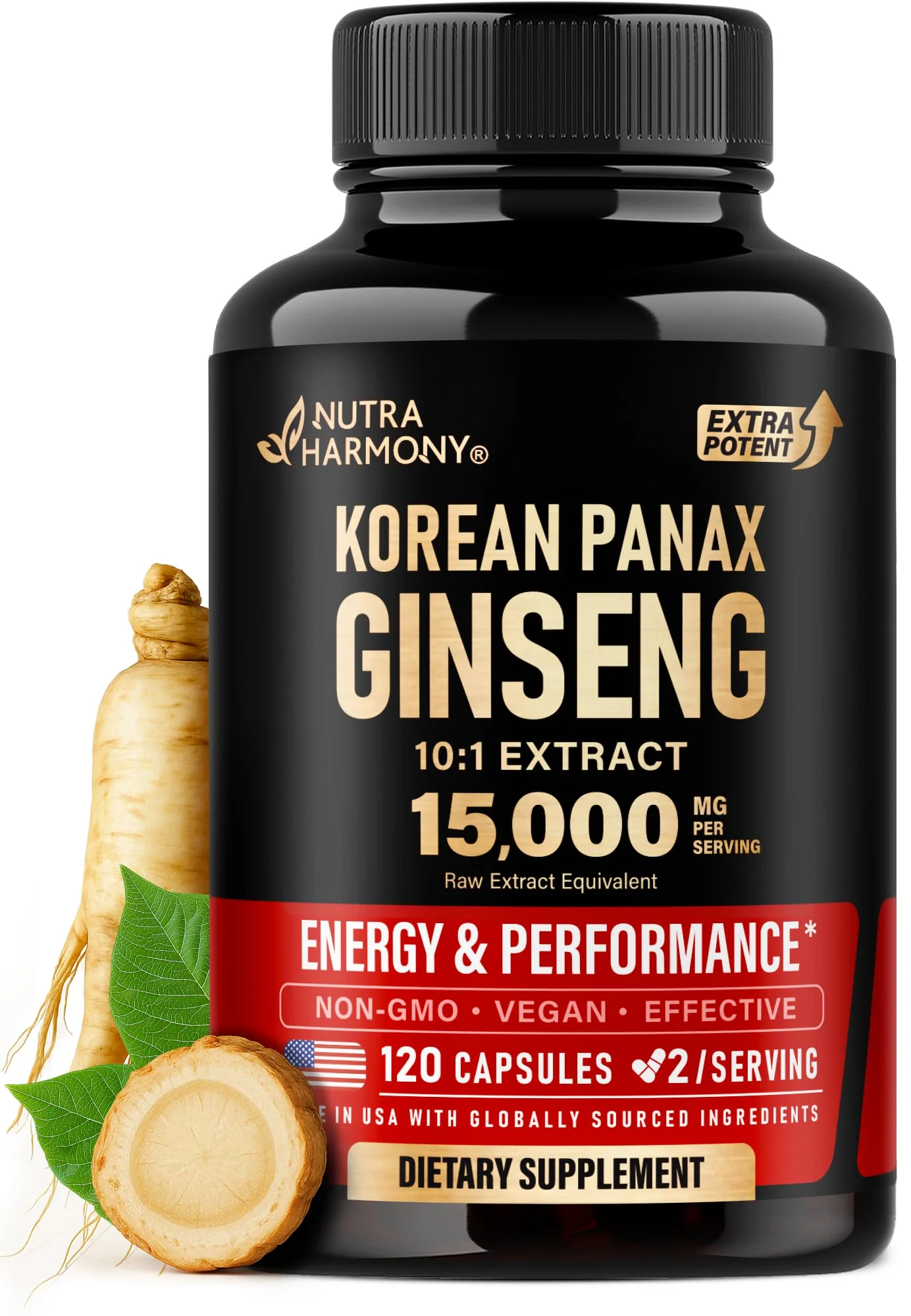 Panax Ginseng 15,000 mg - Red Korean Ginseng Supplement for Men - Extra Strength 10:1 Extract - Energy, Focus, Productivity & Performance - Natural & Vegan - Made in USA - 120 Capsules, 2 Month Supply