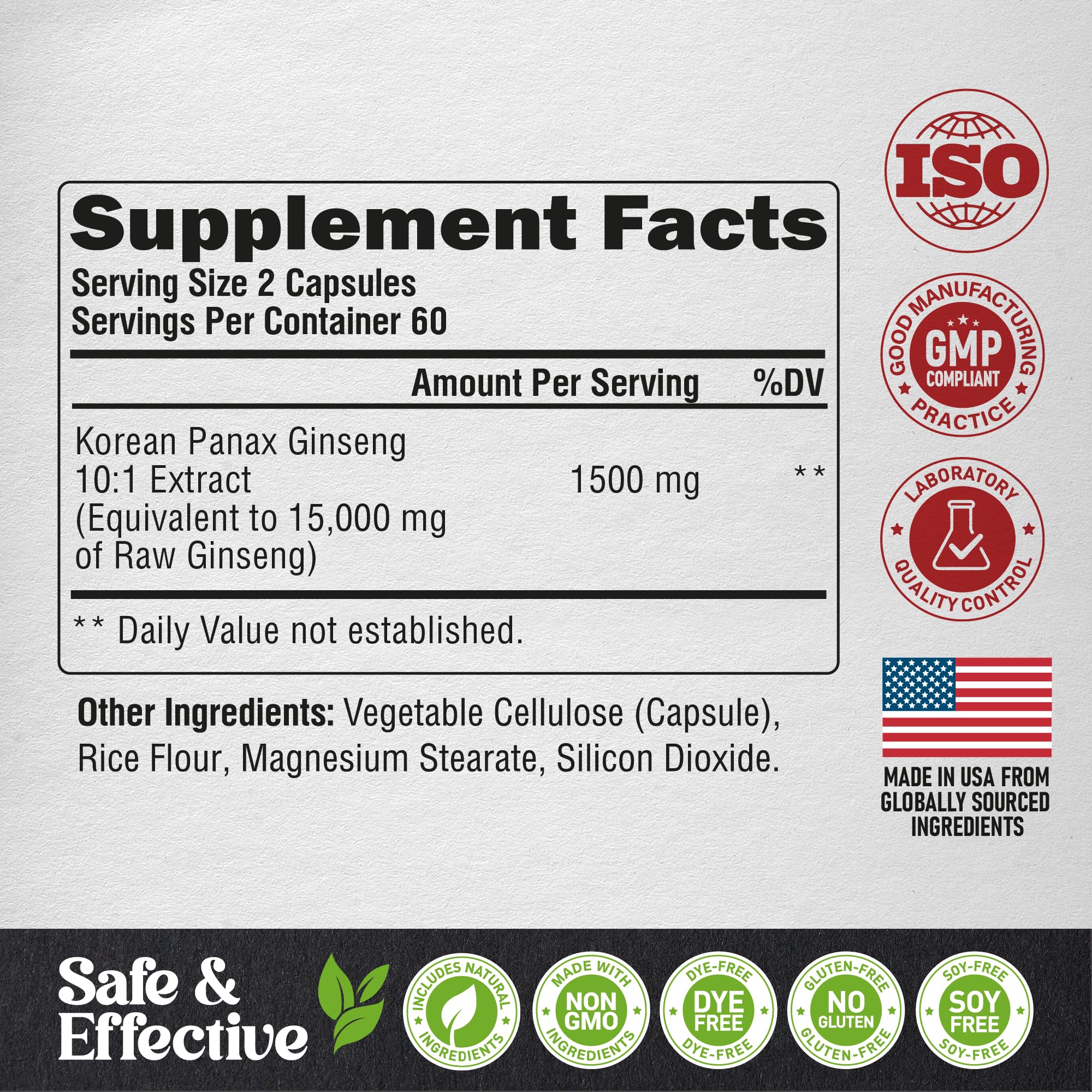 Panax Ginseng 15,000 mg - Red Korean Ginseng Supplement for Men - Extra Strength 10:1 Extract - Energy, Focus, Productivity & Performance - Natural & Vegan - Made in USA - 120 Capsules, 2 Month Supply - Image 4