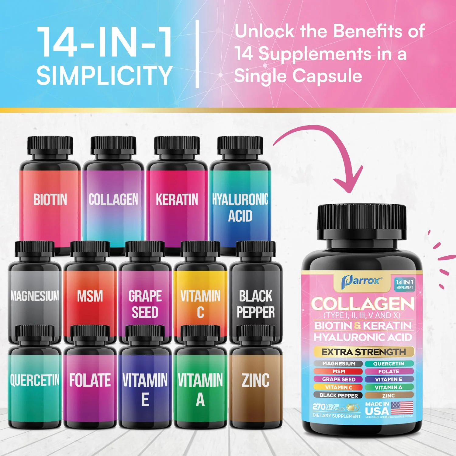Parrox Collagen Peptides Types I, II, III, V & X, MCG Biotin, Keratin, Hyaluronic Acid, MSM, Zinc, Grape Seed Extract, Quercetin, Vitamin A, Vitamin C, Vitamin E, Magnesium, Folic Acid (270 Capsules) - Image 5