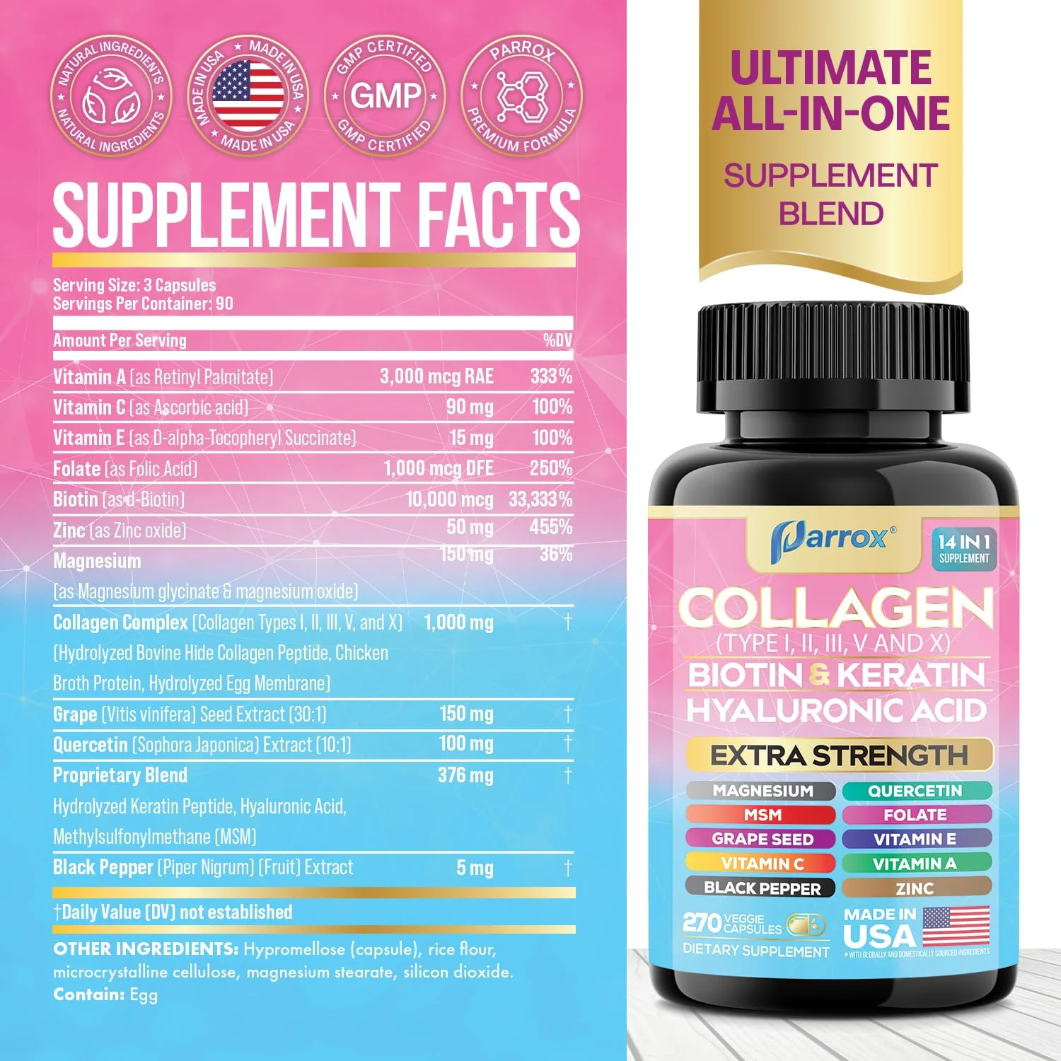 Parrox Collagen Peptides Types I, II, III, V & X, MCG Biotin, Keratin, Hyaluronic Acid, MSM, Zinc, Grape Seed Extract, Quercetin, Vitamin A, Vitamin C, Vitamin E, Magnesium, Folic Acid (270 Capsules) - Image 7