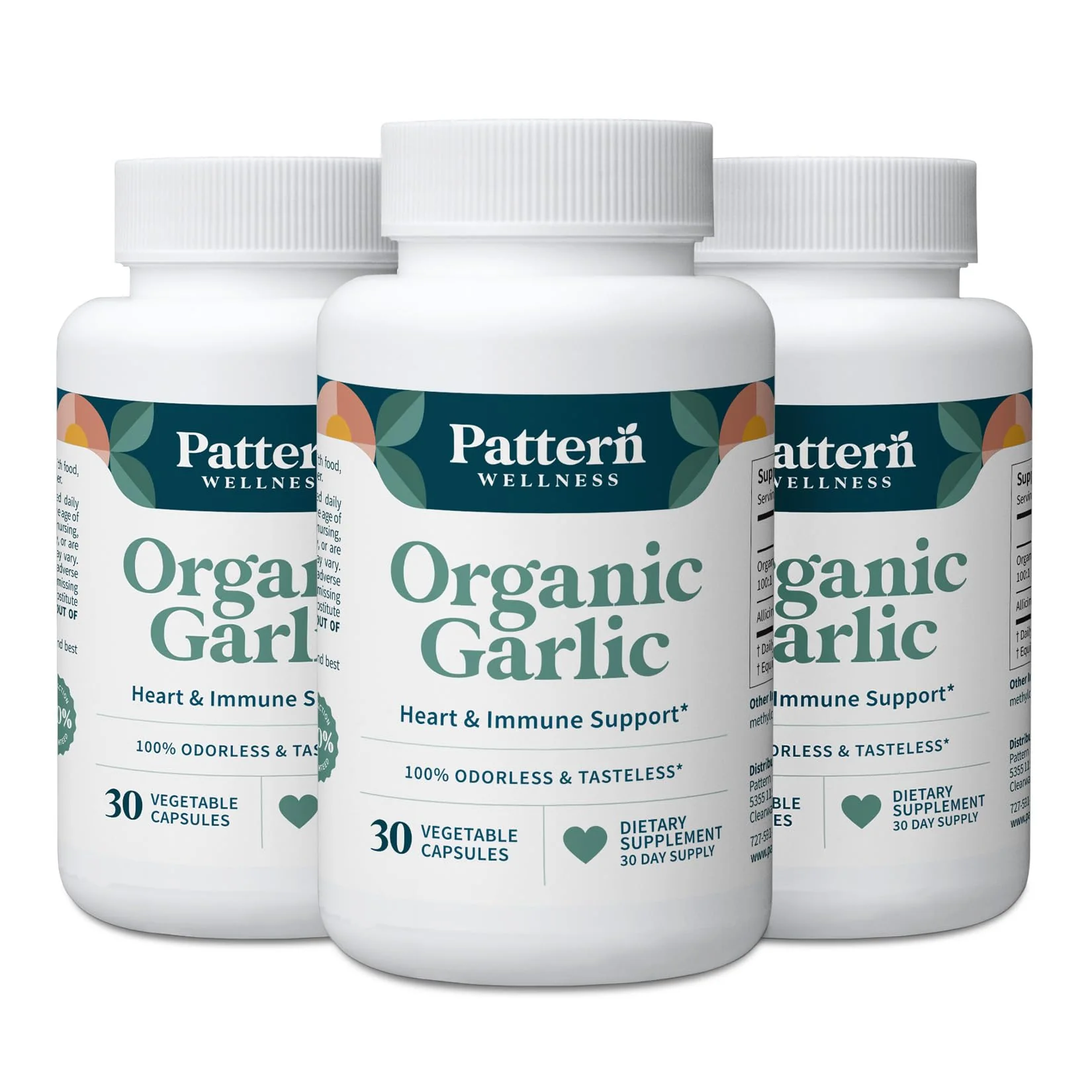 Pattern Wellness Odorless Organic Garlic - 1000mg - Supports Circulatory & Immune Health - Non-GMO, Gluten Free, Vegan - 90 Capsules