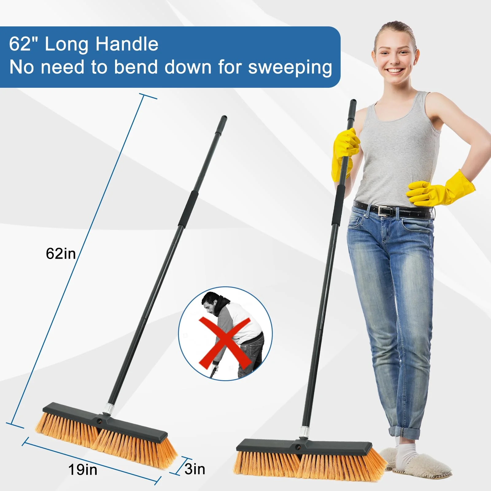 PBHEPJ 18 Inchs Push Broom Outdoor Heavy Duty, Shop Broom with 60" Long Handle for Cleaning Outdoor or Indoor Tile, Garage, Shop, Deck, Concrete, Wood, Stone, Patio Floor - Image 9