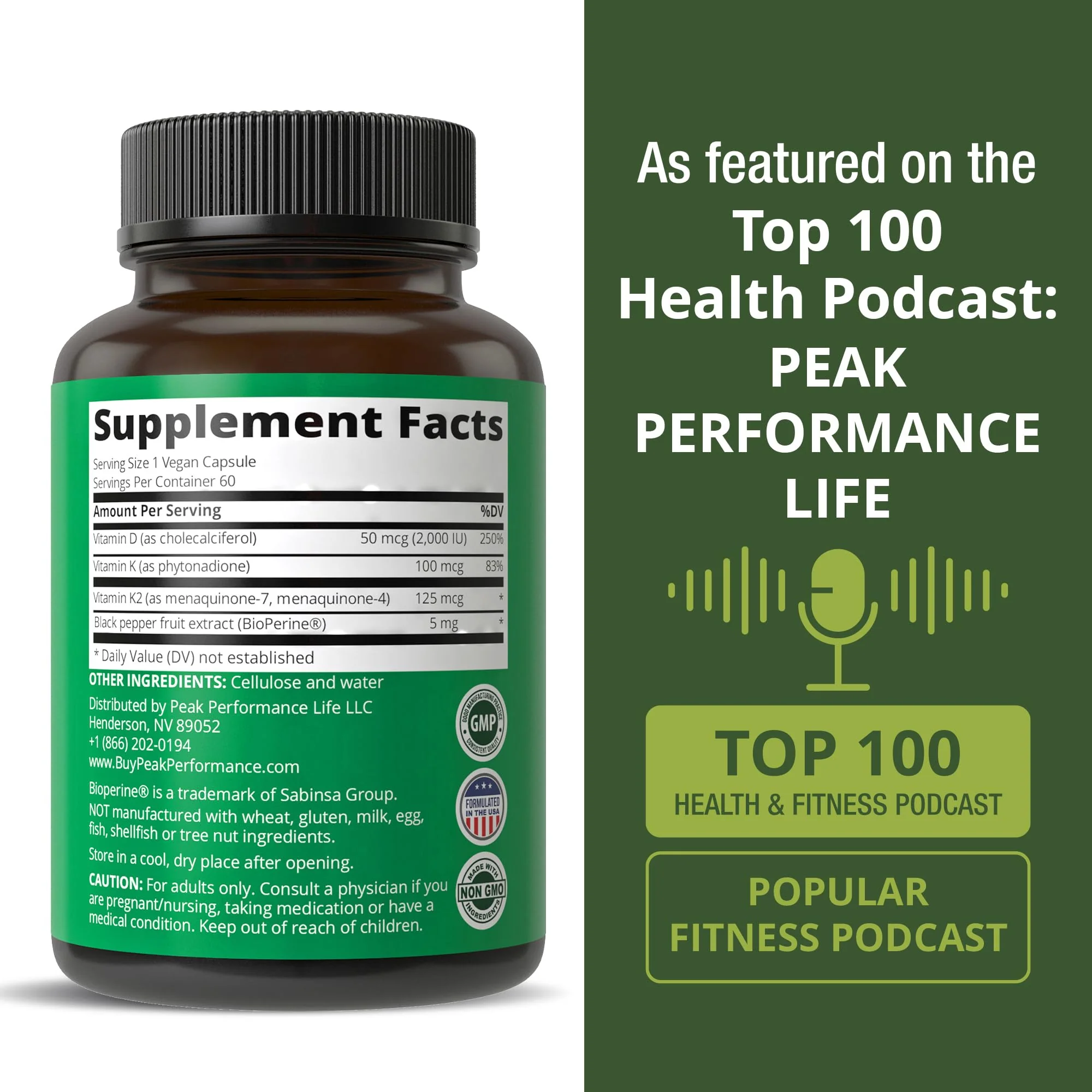 Peak Performance Advanced Vitamin D 2000 IU with All 3 Types of Vitamin K Vitamin D3 and Vitamin K2, K1, MK-7 (MK7), MK4 Supplements - 60 Small and Easy to Swallow Vegetable Pills - Image 3