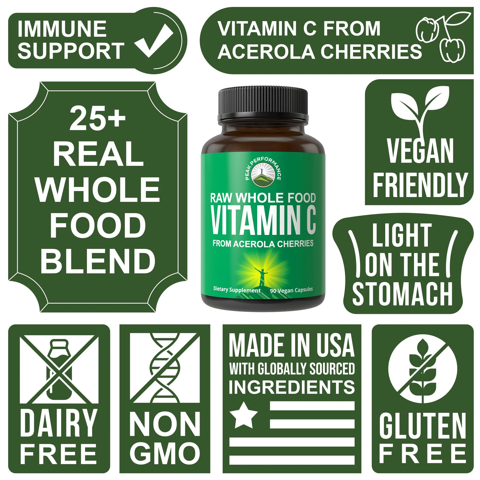 Peak Performance Raw Whole Food Natural Vitamin C Capsules from Acerola Cherry for Max Absorption. Vegan USA Sourced Vitamin C Supplement 90 Pills. 500 mg Serving or 2 Servings 1000mg - Image 6