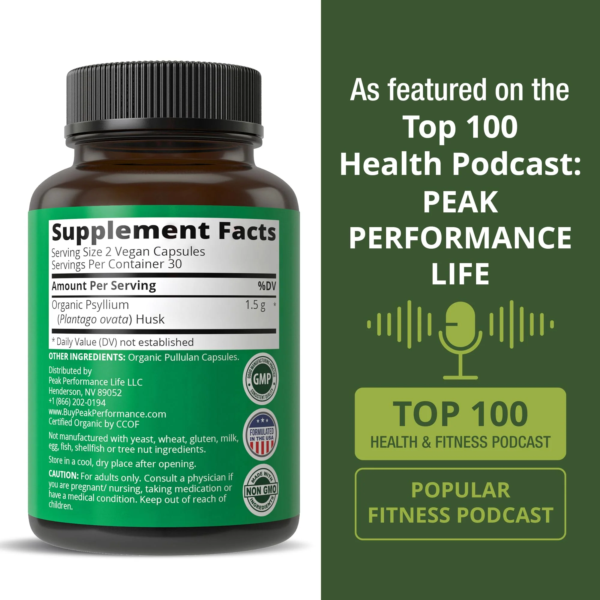 Peak Performance USDA Organic Psyllium Husk Vegan Capsules Made with Seed - Fiber Supplement for Gut - Digestive Prebiotics - for Digestion and Roughage Without Bloating - Vegan, Gluten-Free Pills - Image 3