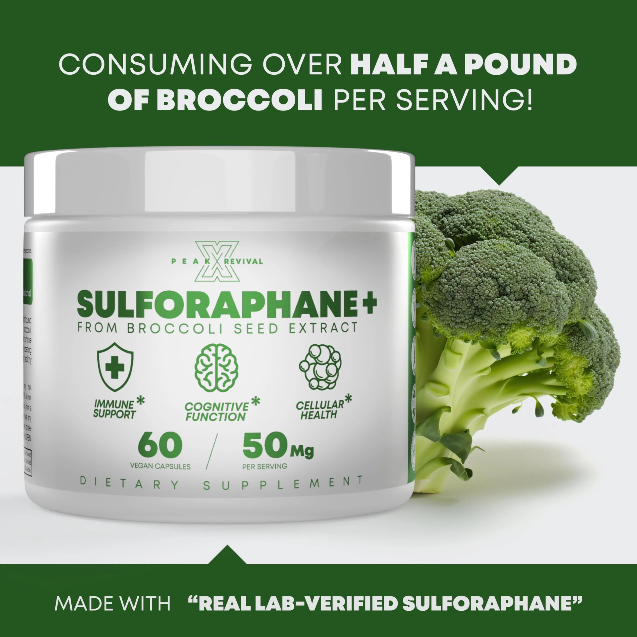Peak Revival-X 5000mcg of Real Lab-Verified Sulforaphane Supplement - Broccoli Seed Extract 50mg Supplements - Promotes Cognitive Function, Liver & Cellular Support - 60 Vegan Capsules/Pills - Image 3
