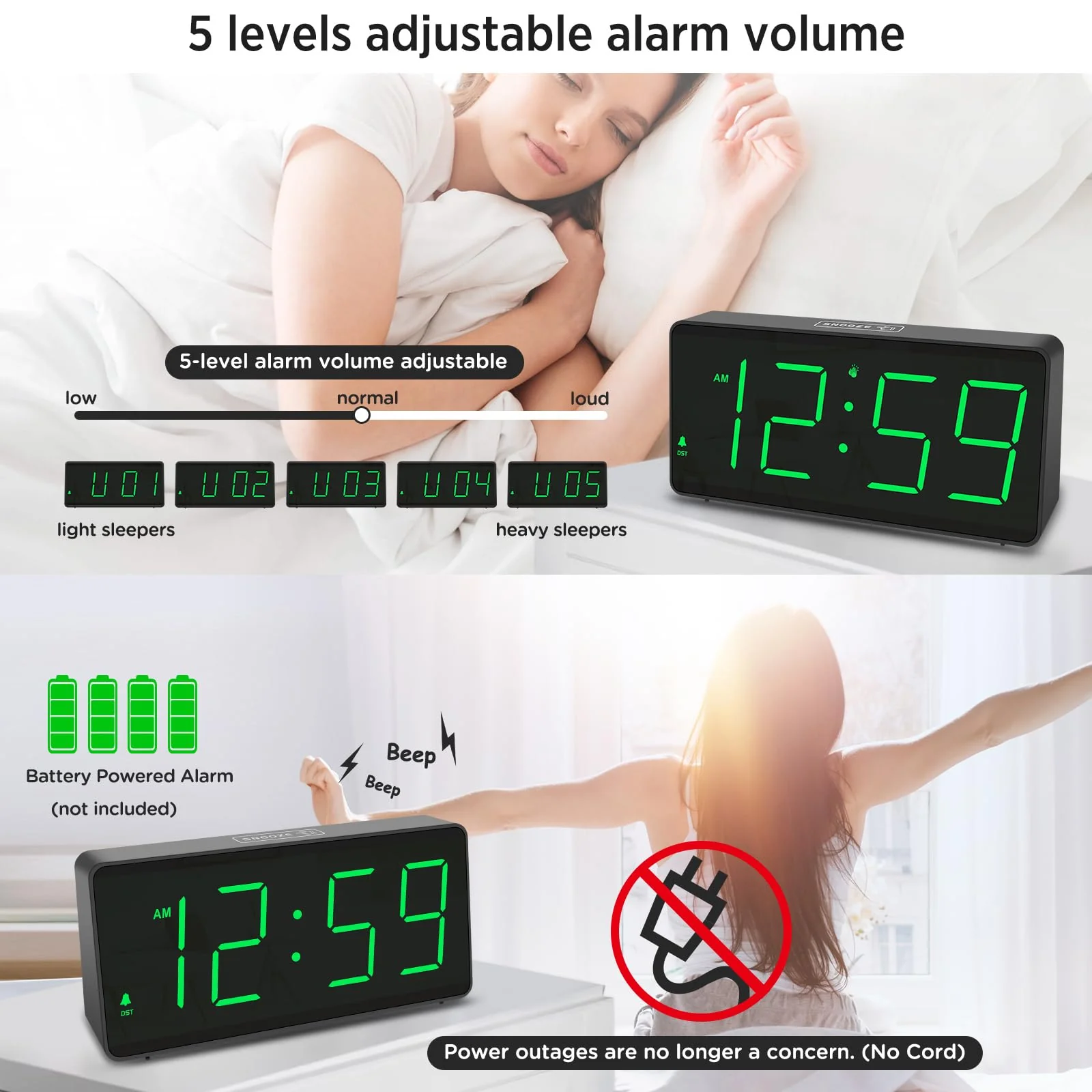 Peakeep Battery Operated Digital Alarm Clock for Bedrooms - Cordless Large Big Numbers 4 Dimmers, Auto Dimming for Seniors, Adjustable Volume Loud Alarm Clock for Heavy Sleepers Adults (Green Digits) - Image 6