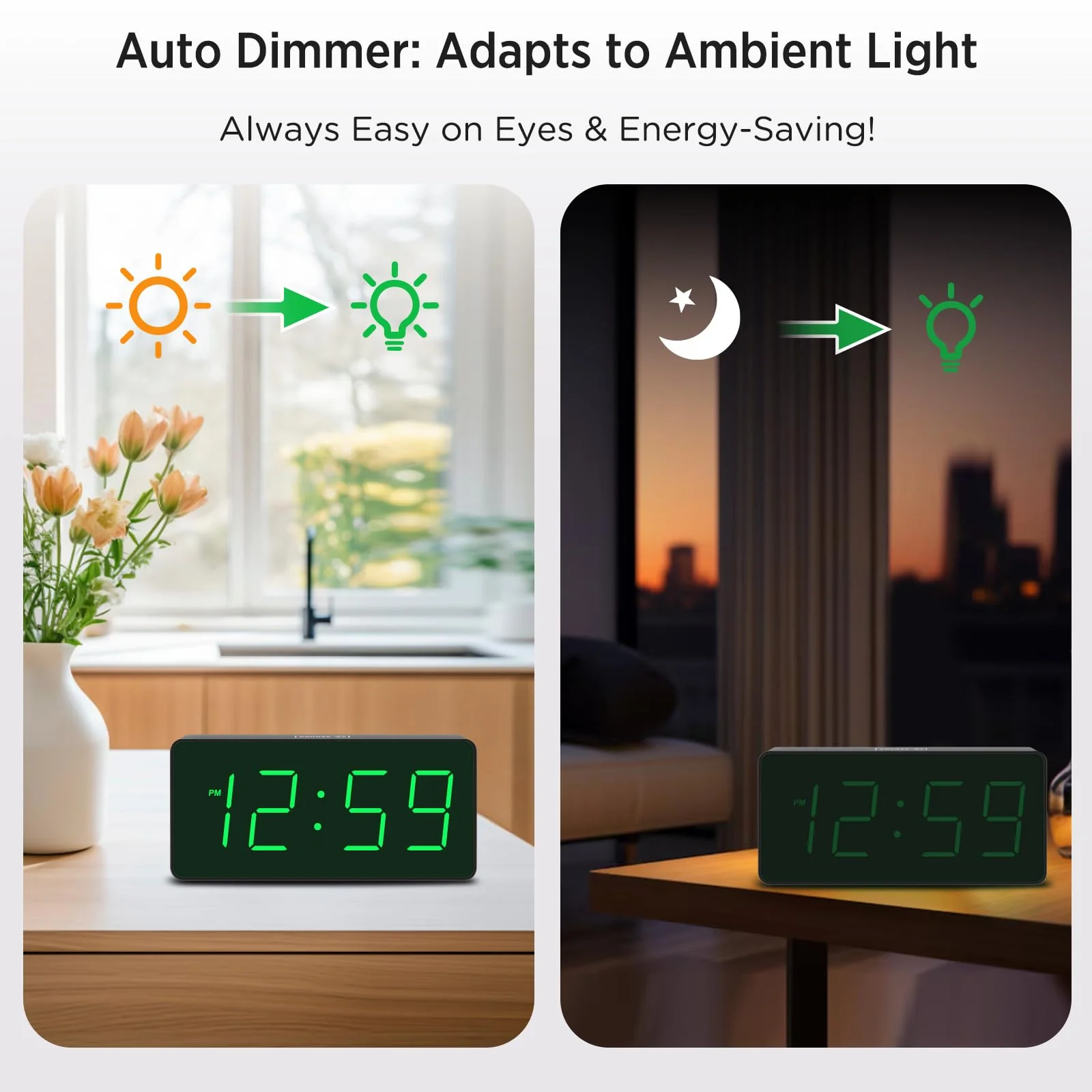 Peakeep Battery Operated Digital Alarm Clock for Bedrooms - Cordless Large Big Numbers 4 Dimmers, Auto Dimming for Seniors, Adjustable Volume Loud Alarm Clock for Heavy Sleepers Adults (Green Digits) - Image 8