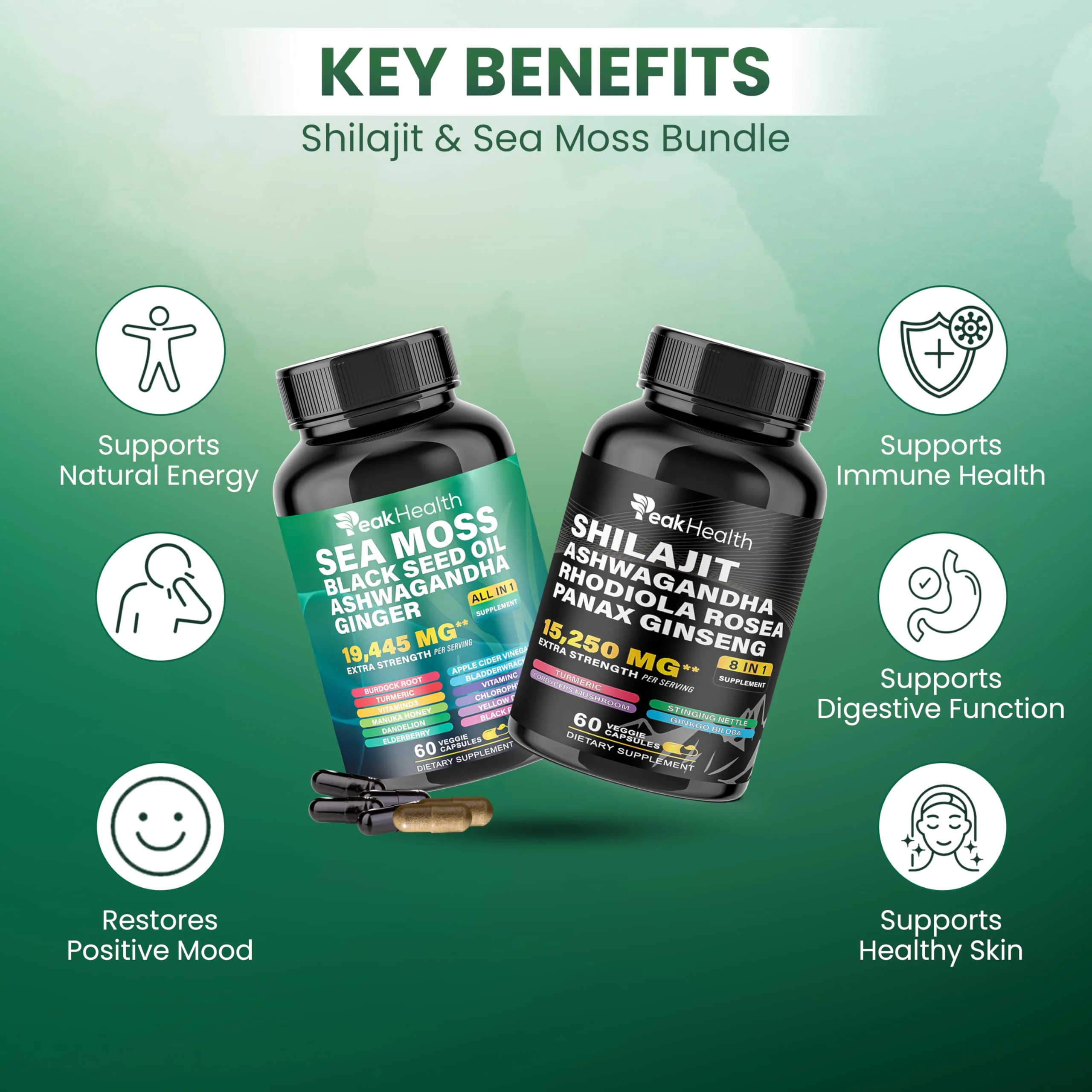 Peakhealth Shilajit Sea Moss Black Seed Oil Ashwagandha Capsules for Man Woman,2 Bottle Combo with Turmeric, Panax Ginseng, Rhodiola,19,445mg Herbal Formula,Energy & Immune Support, 60 Capsules - Image 2