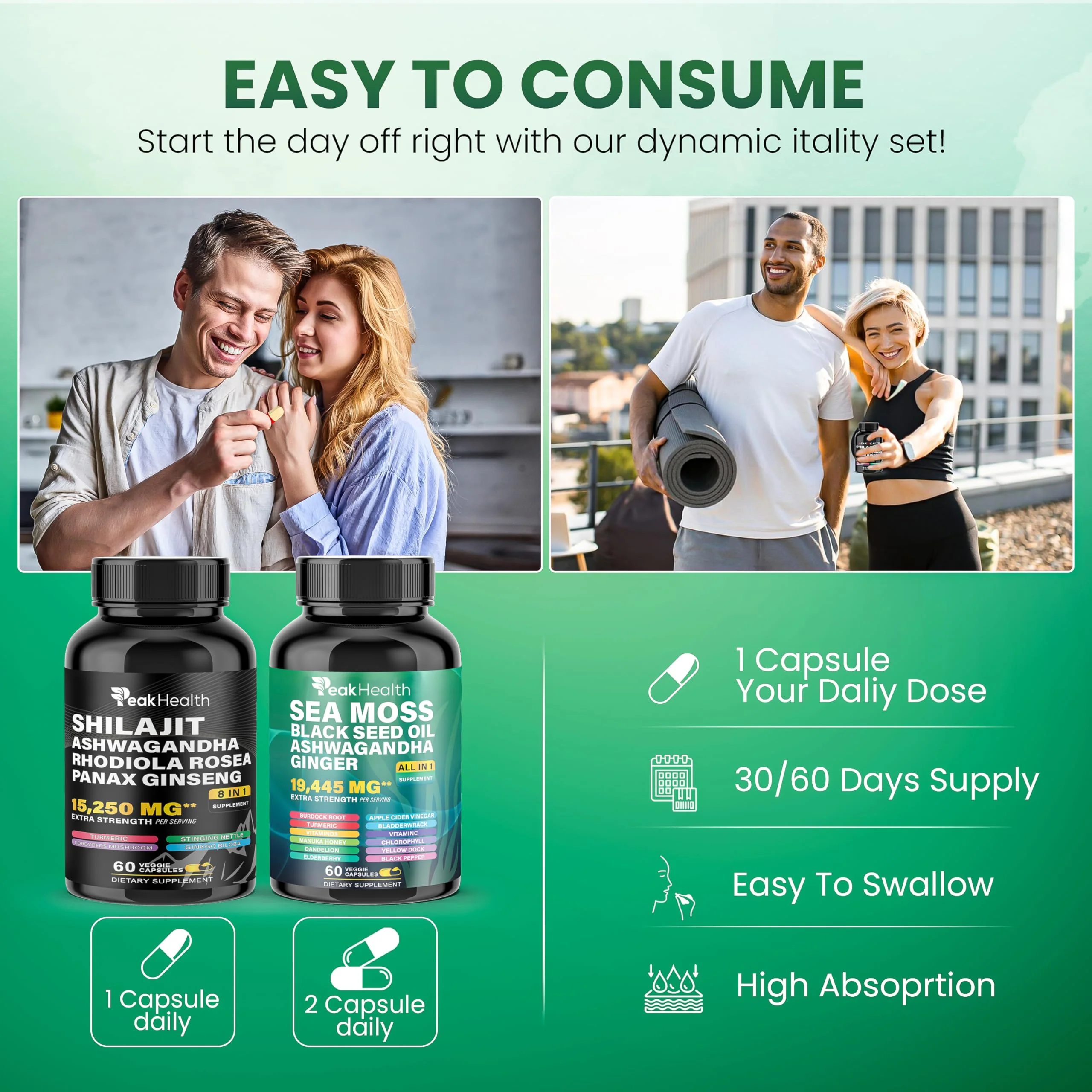 Peakhealth Shilajit Sea Moss Black Seed Oil Ashwagandha Capsules for Man Woman,2 Bottle Combo with Turmeric, Panax Ginseng, Rhodiola,19,445mg Herbal Formula,Energy & Immune Support, 60 Capsules - Image 3