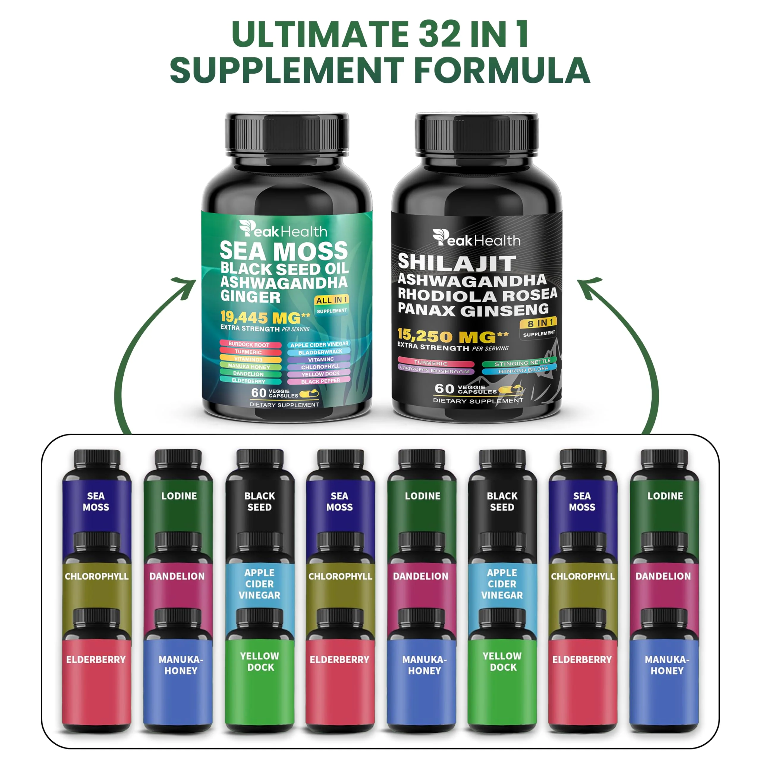 Peakhealth Shilajit Sea Moss Black Seed Oil Ashwagandha Capsules for Man Woman,2 Bottle Combo with Turmeric, Panax Ginseng, Rhodiola,19,445mg Herbal Formula,Energy & Immune Support, 60 Capsules - Image 4