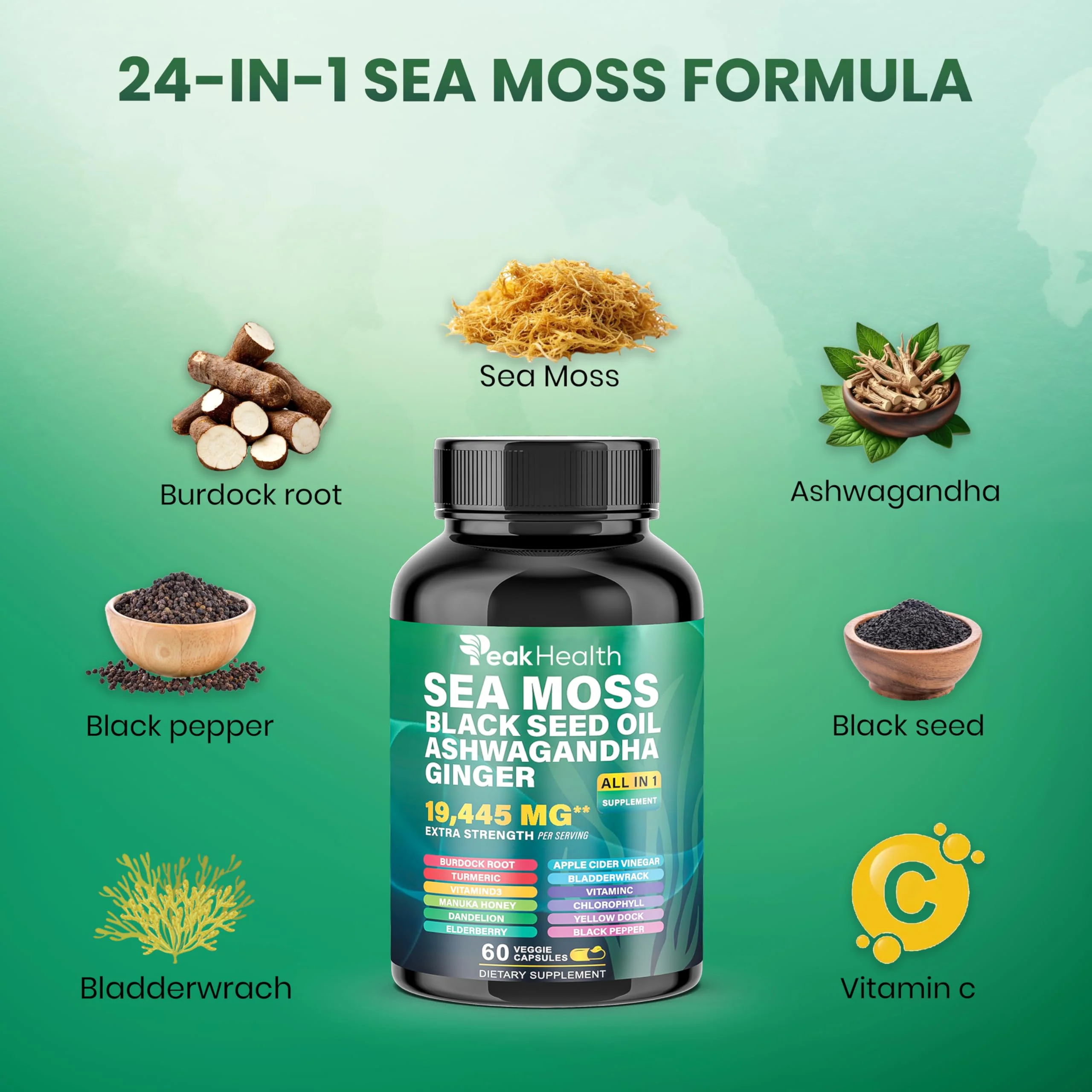 Peakhealth Shilajit Sea Moss Black Seed Oil Ashwagandha Capsules for Man Woman,2 Bottle Combo with Turmeric, Panax Ginseng, Rhodiola,19,445mg Herbal Formula,Energy & Immune Support, 60 Capsules - Image 5