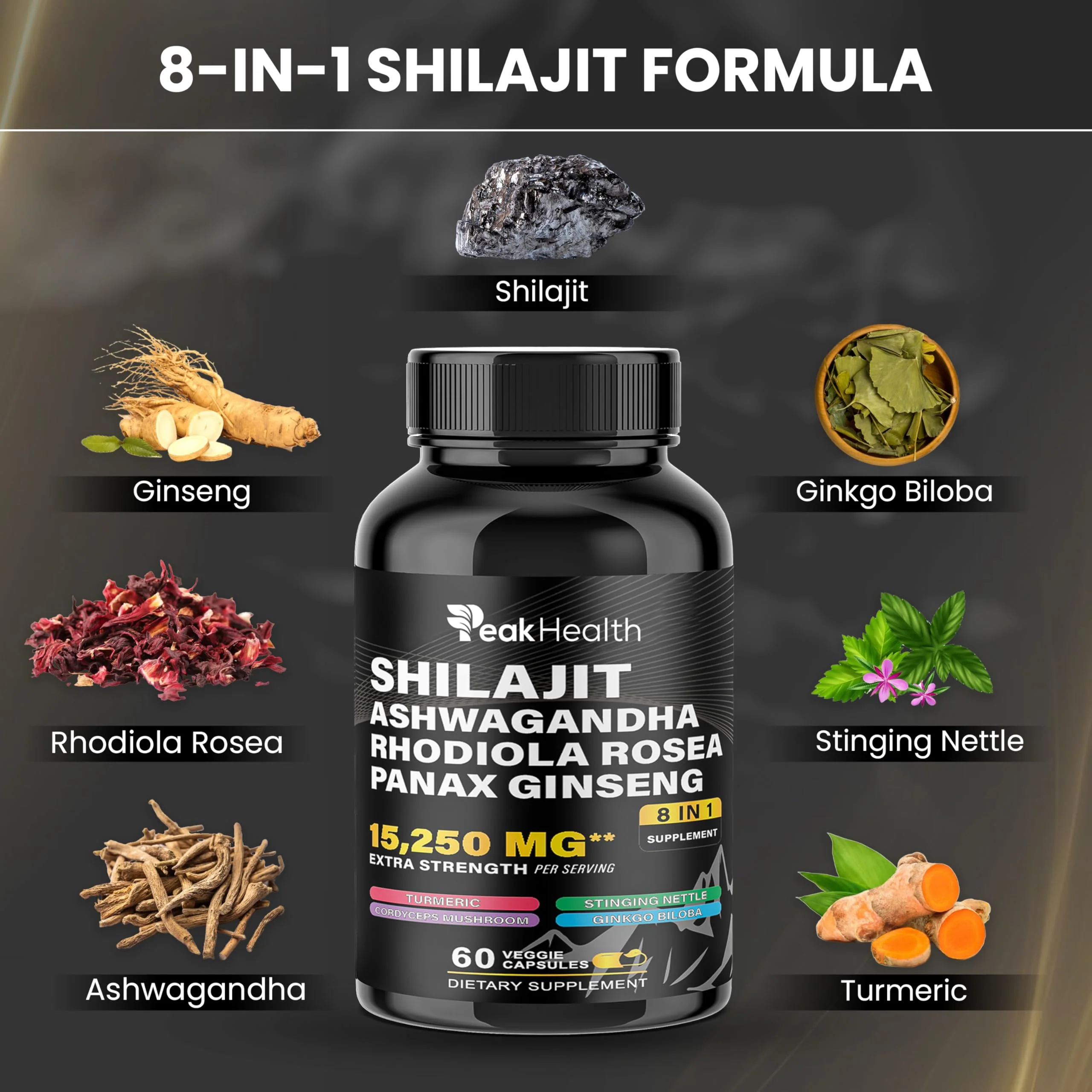 Peakhealth Shilajit Sea Moss Black Seed Oil Ashwagandha Capsules for Man Woman,2 Bottle Combo with Turmeric, Panax Ginseng, Rhodiola,19,445mg Herbal Formula,Energy & Immune Support, 60 Capsules - Image 6