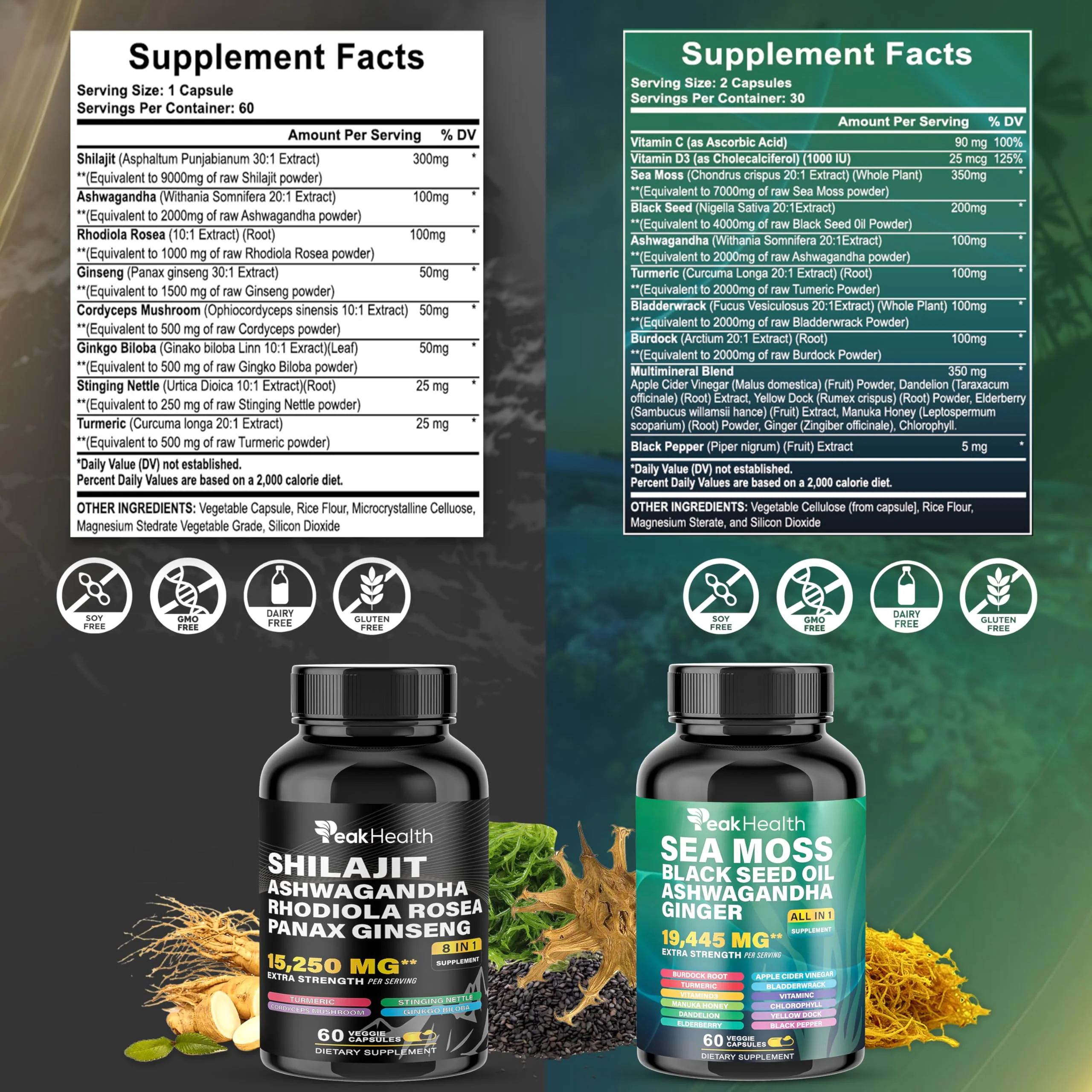 Peakhealth Shilajit Sea Moss Black Seed Oil Ashwagandha Capsules for Man Woman,2 Bottle Combo with Turmeric, Panax Ginseng, Rhodiola,19,445mg Herbal Formula,Energy & Immune Support, 60 Capsules - Image 7